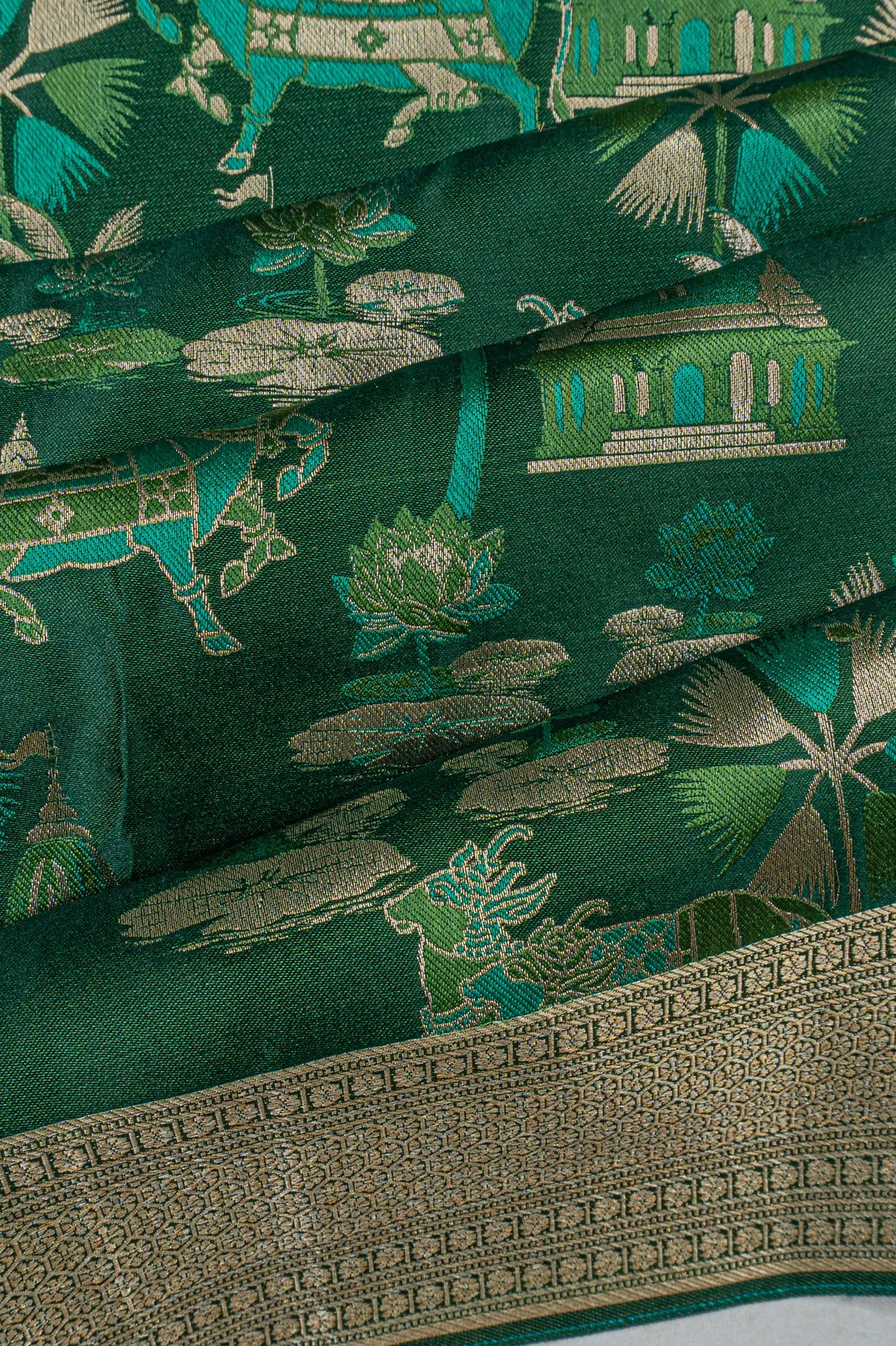 Taranga Kanchi Silk Brocade Green Saree With Pichwai Motifs