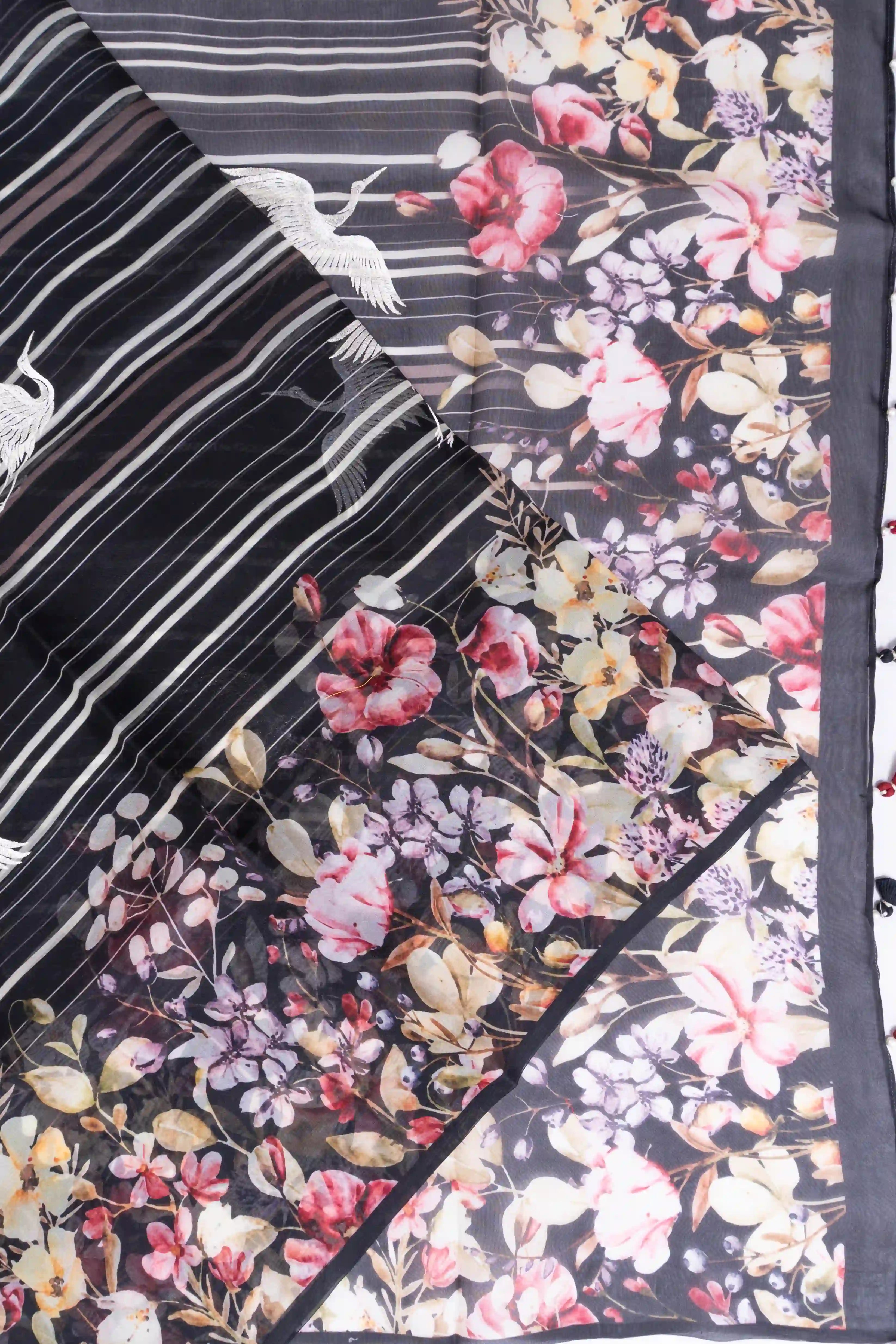 Organza Printed Lines And Embroidery Butta Black Saree