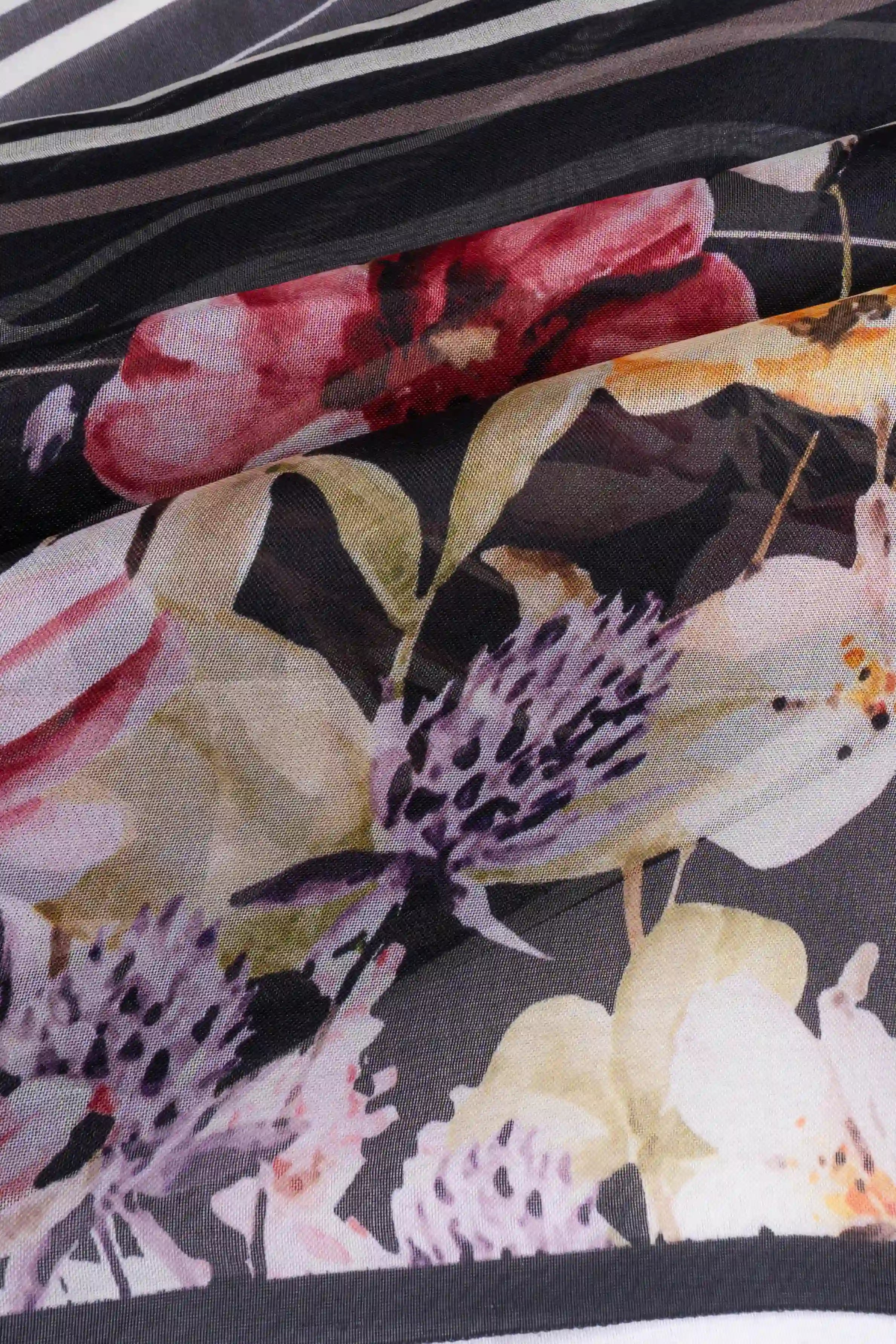 Organza Printed Lines And Embroidery Butta Black Saree