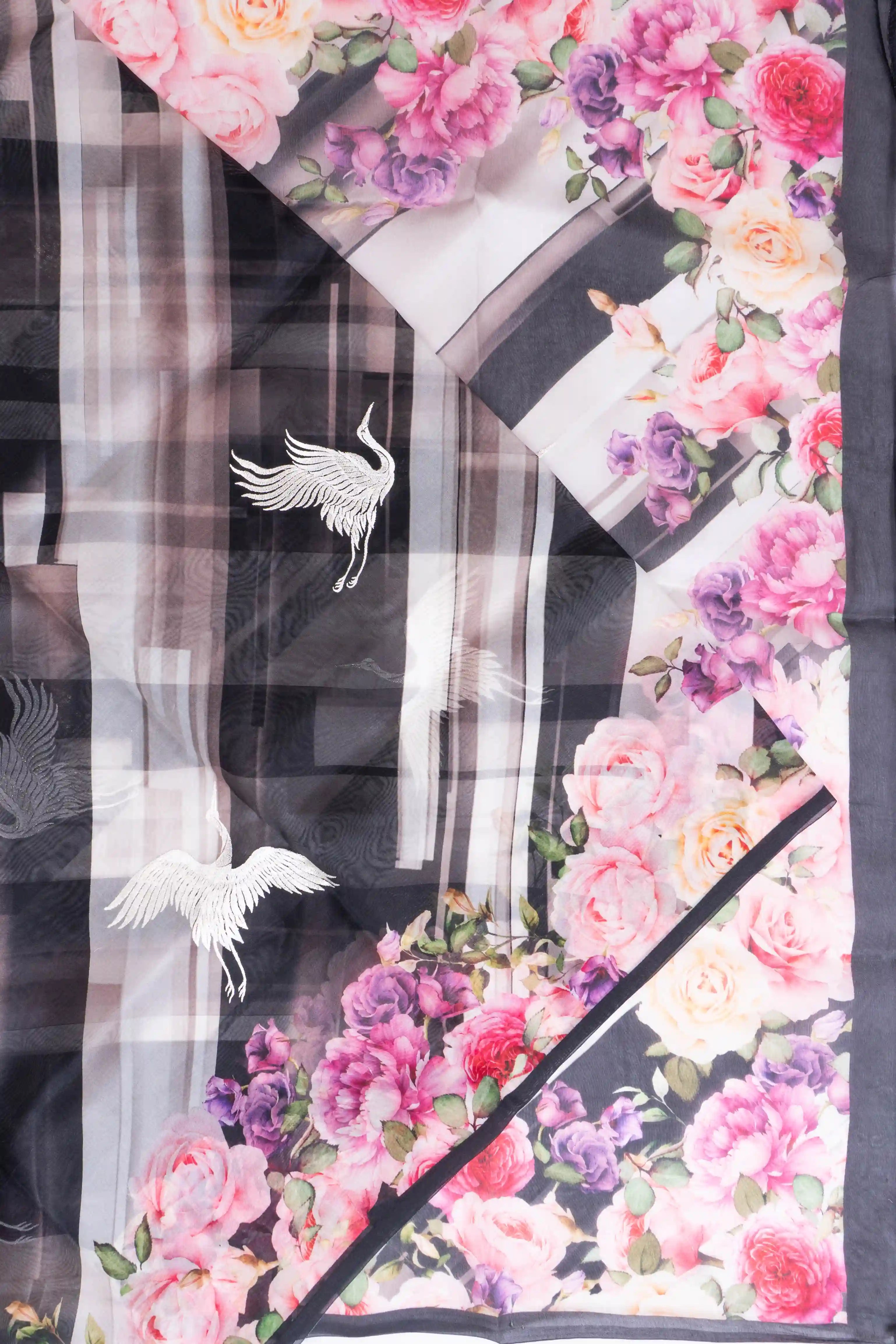 Organza Printed And Embroidery Butta Black Saree