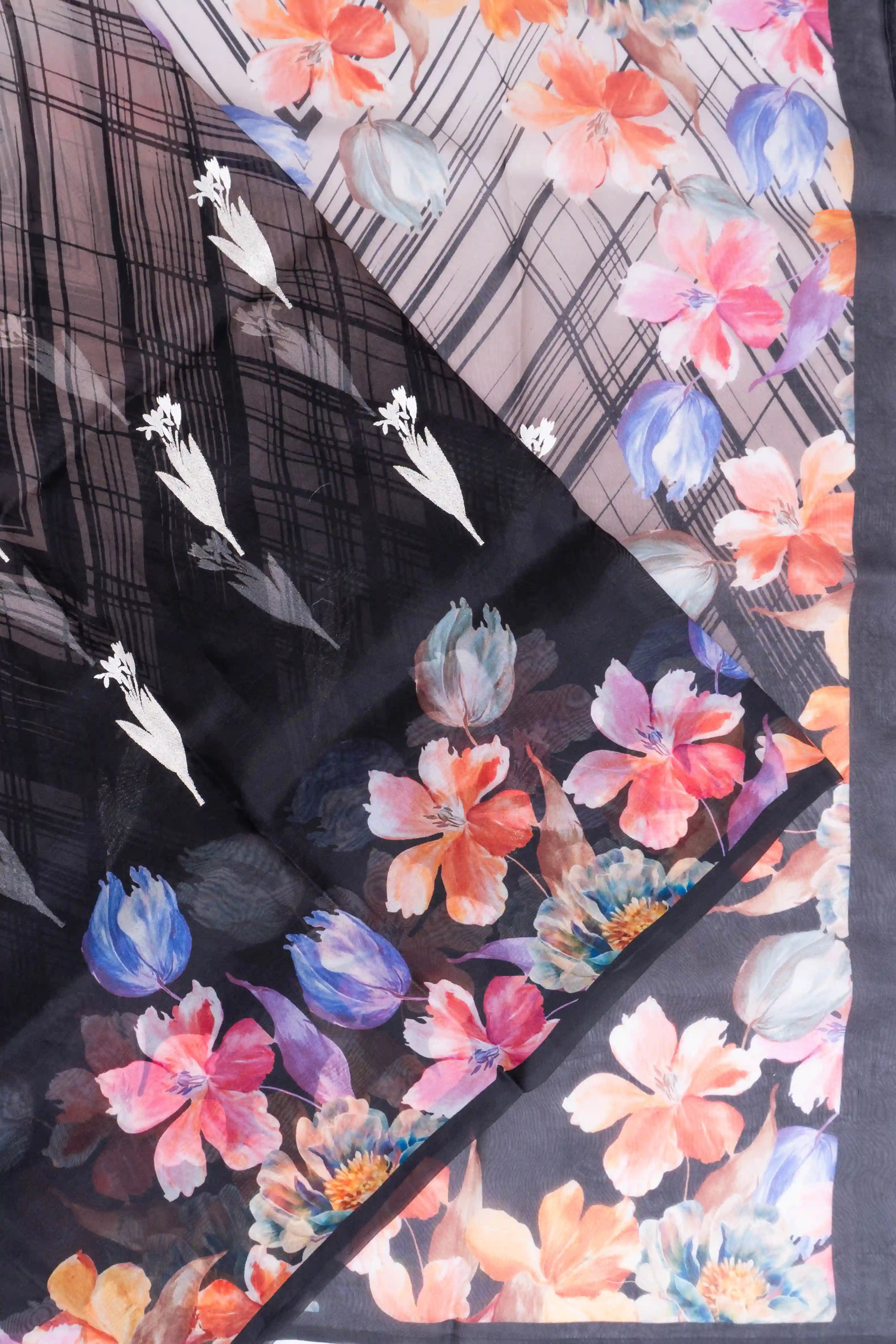 Organza Printed And Embroidery Butta Black Saree