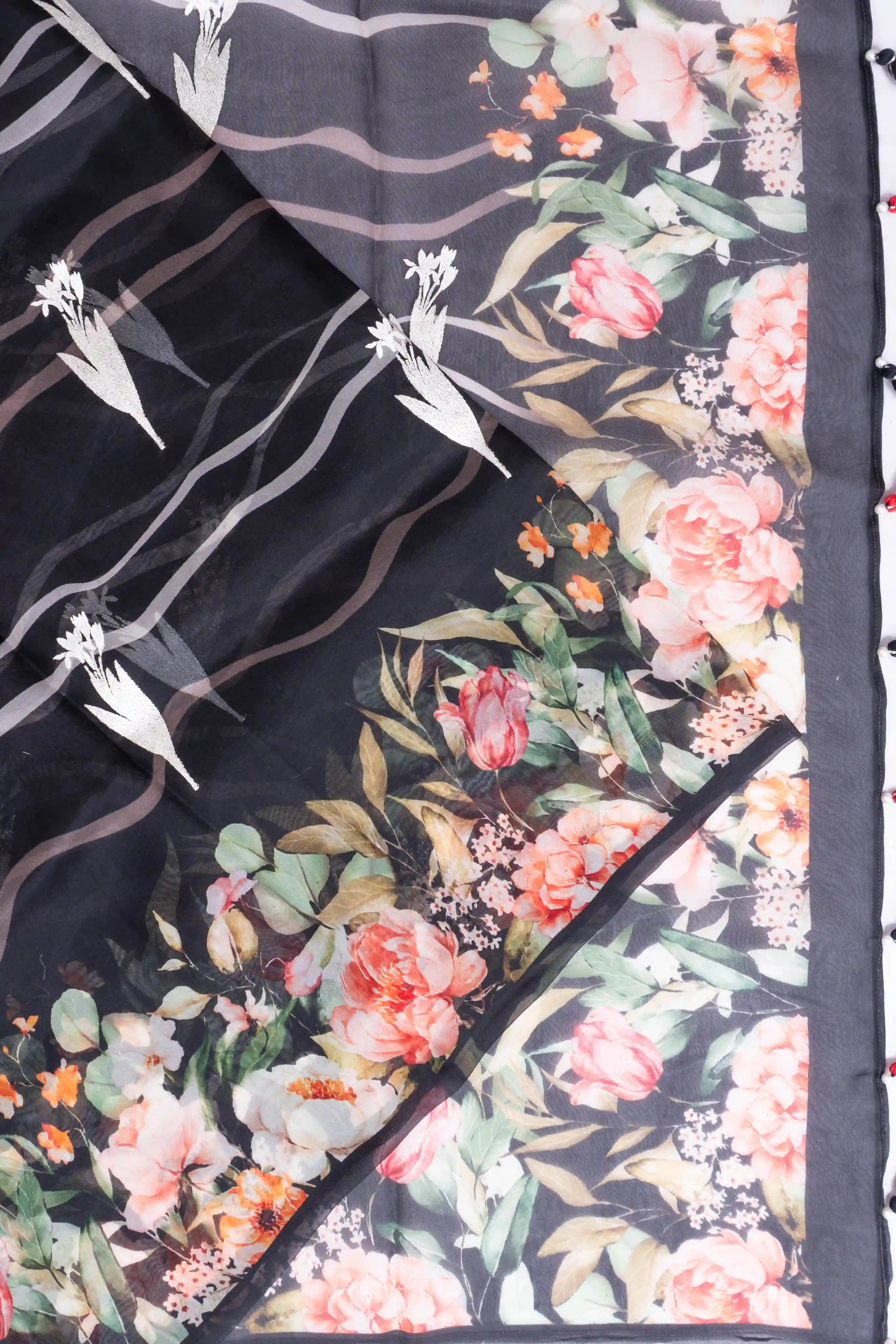 Organza Printed And Embroidery Butta Black Saree