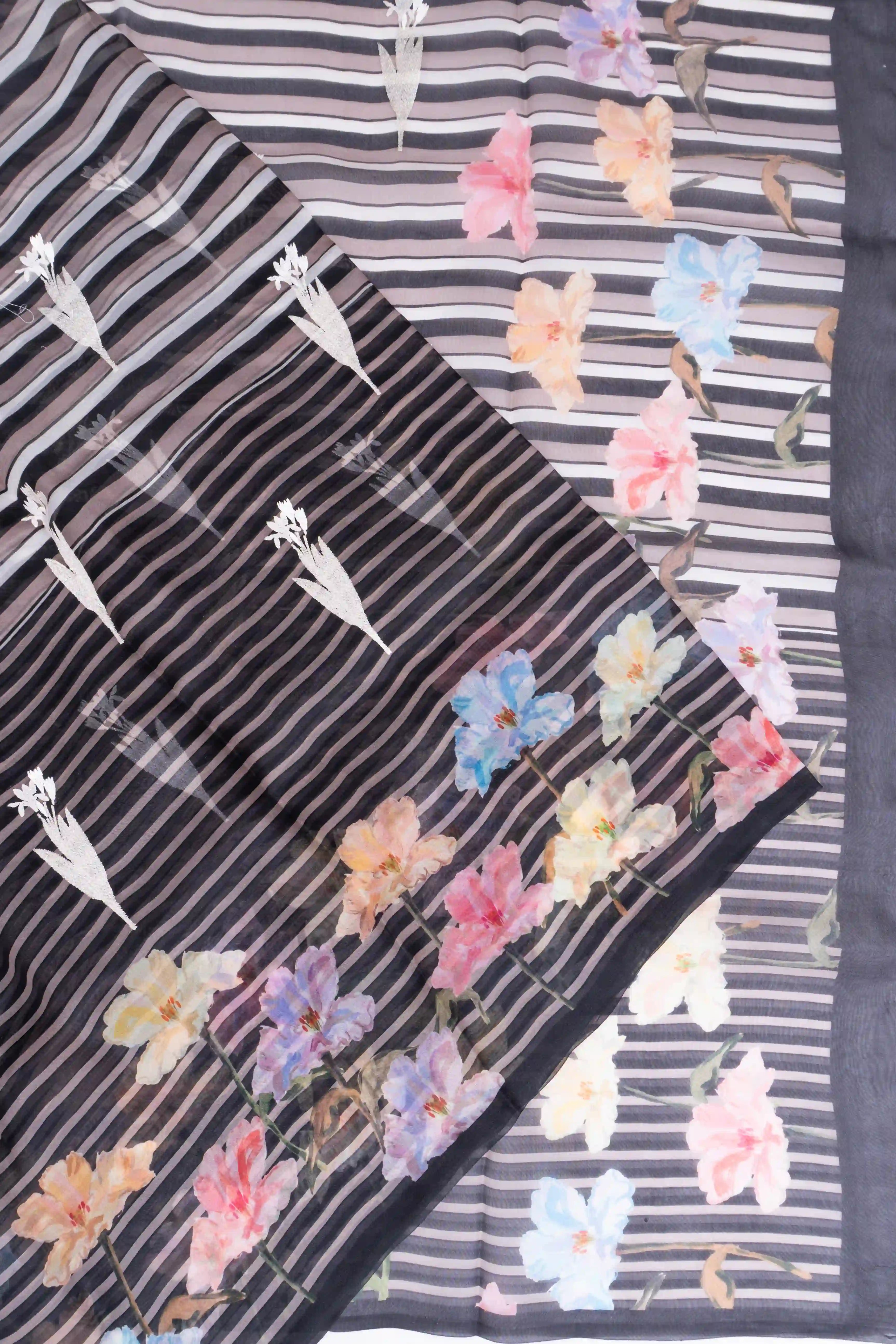 Organza Printed And Embroidery Butta Black Saree