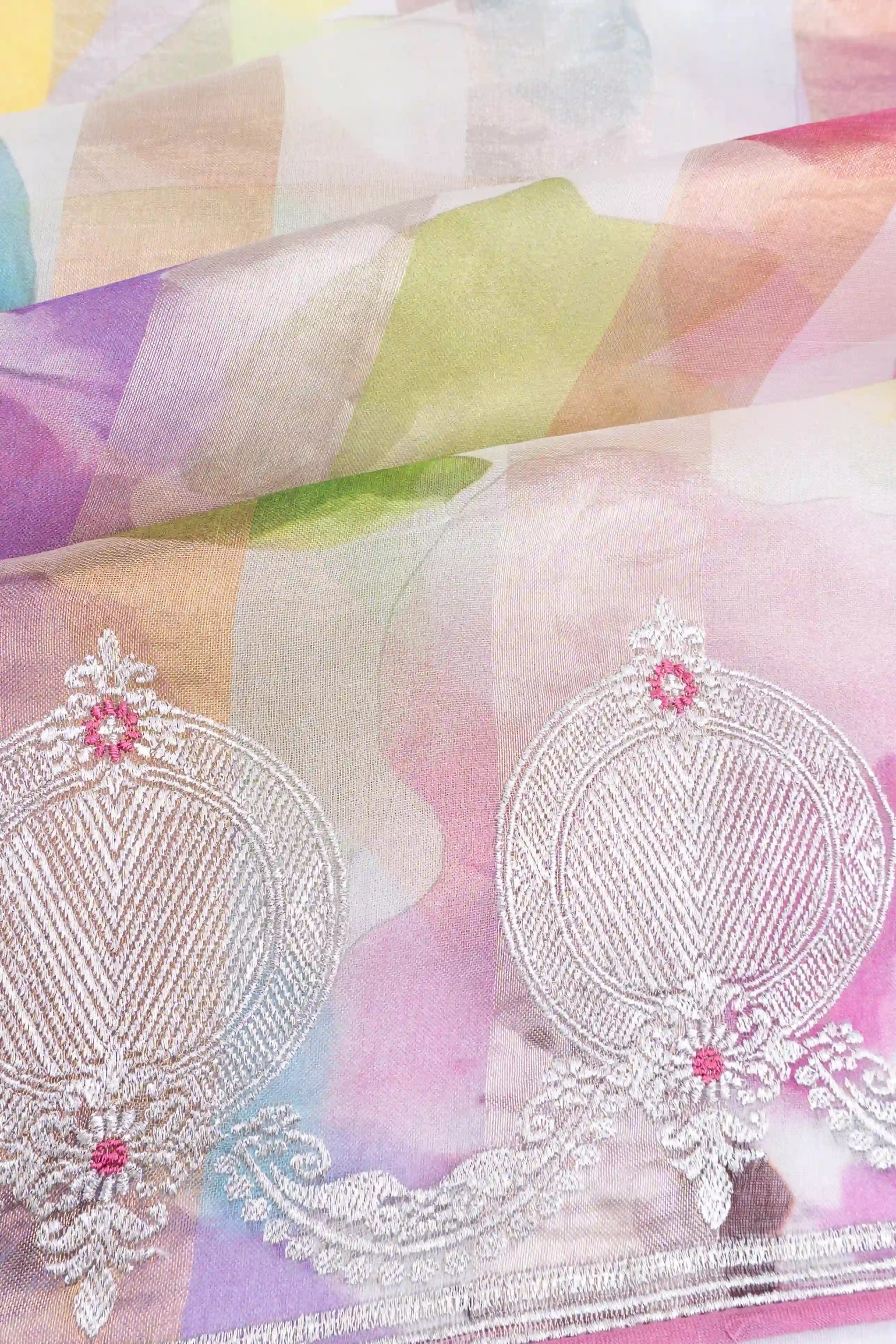 Organza Lines And Floral Printed White Saree