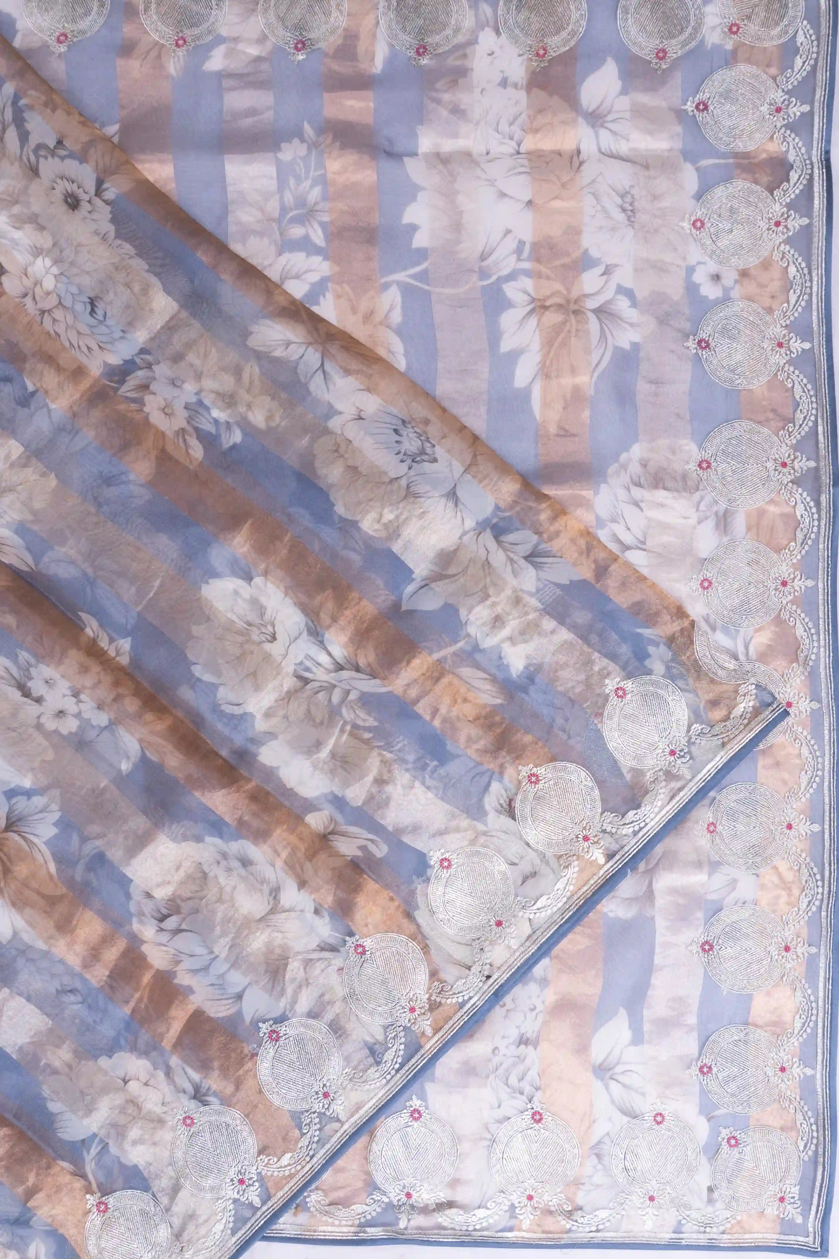 Organza Lines And Floral Printed Powder Blue Saree