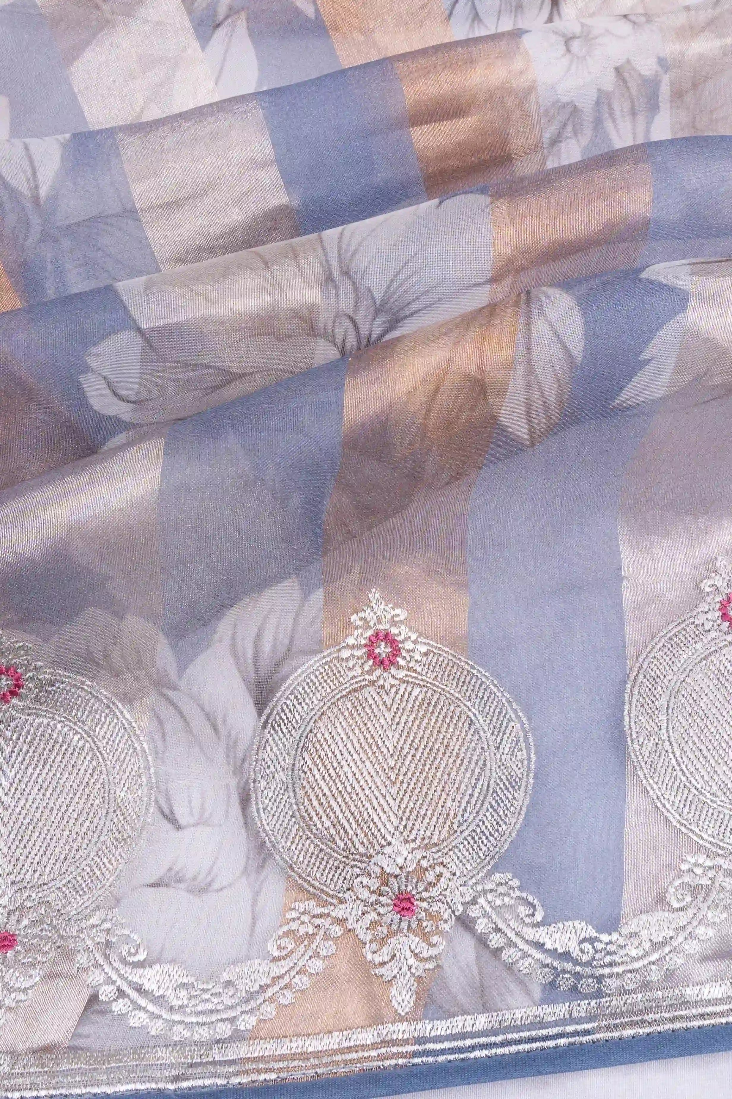 Organza Lines And Floral Printed Powder Blue Saree