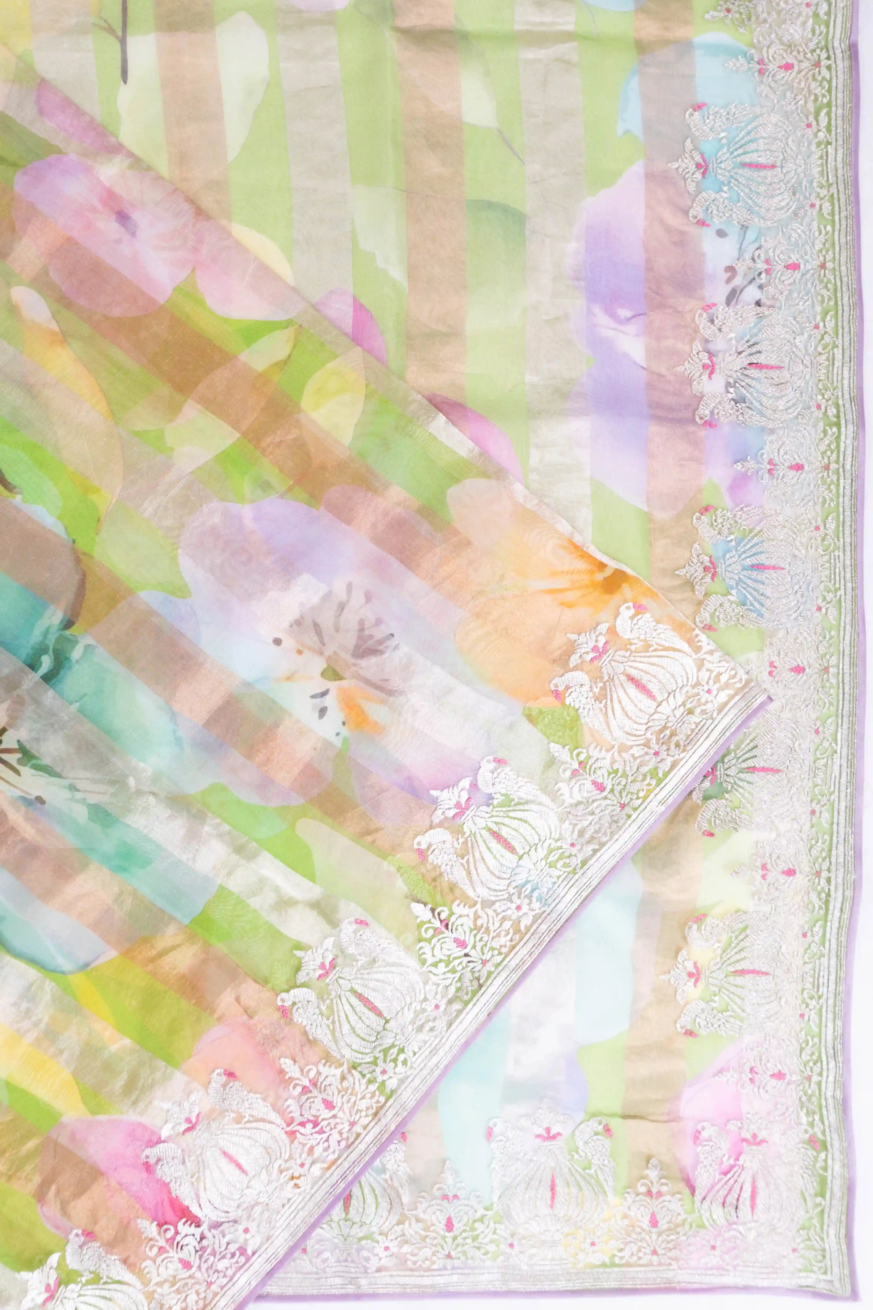 Organza Lines And Floral Printed Green Saree