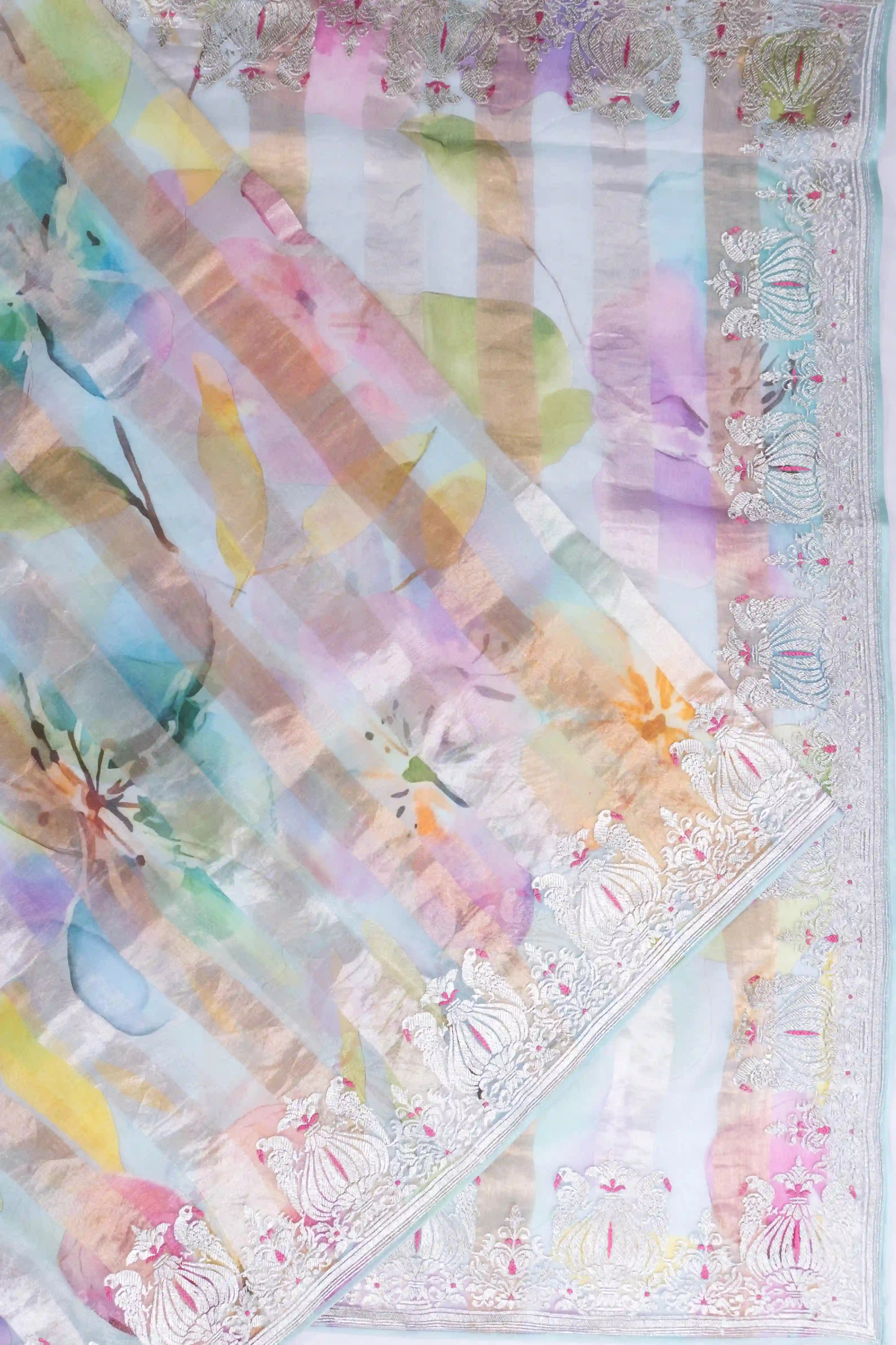 Organza Lines And Floral Printed Sky Blue Saree