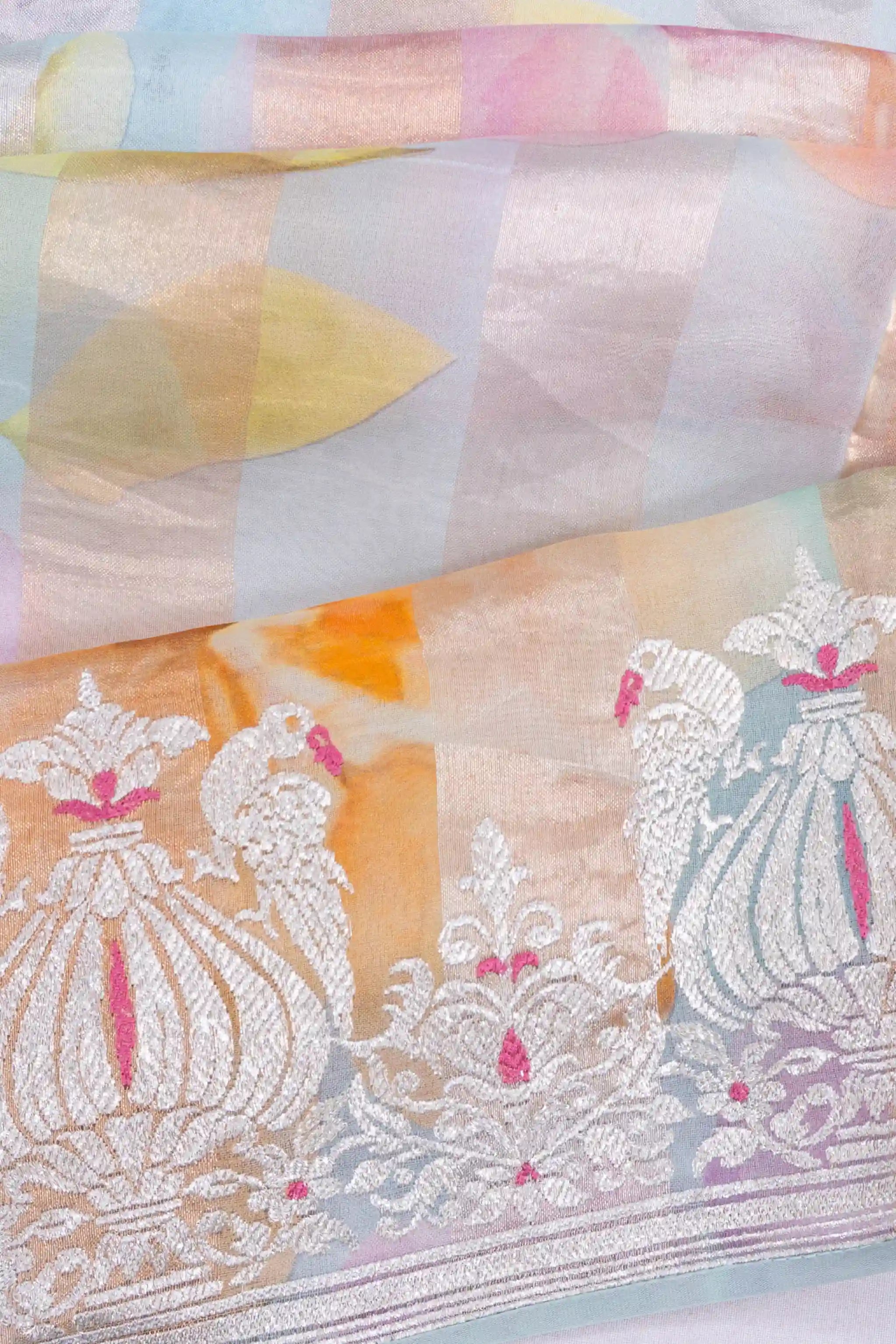 Organza Lines And Floral Printed Sky Blue Saree