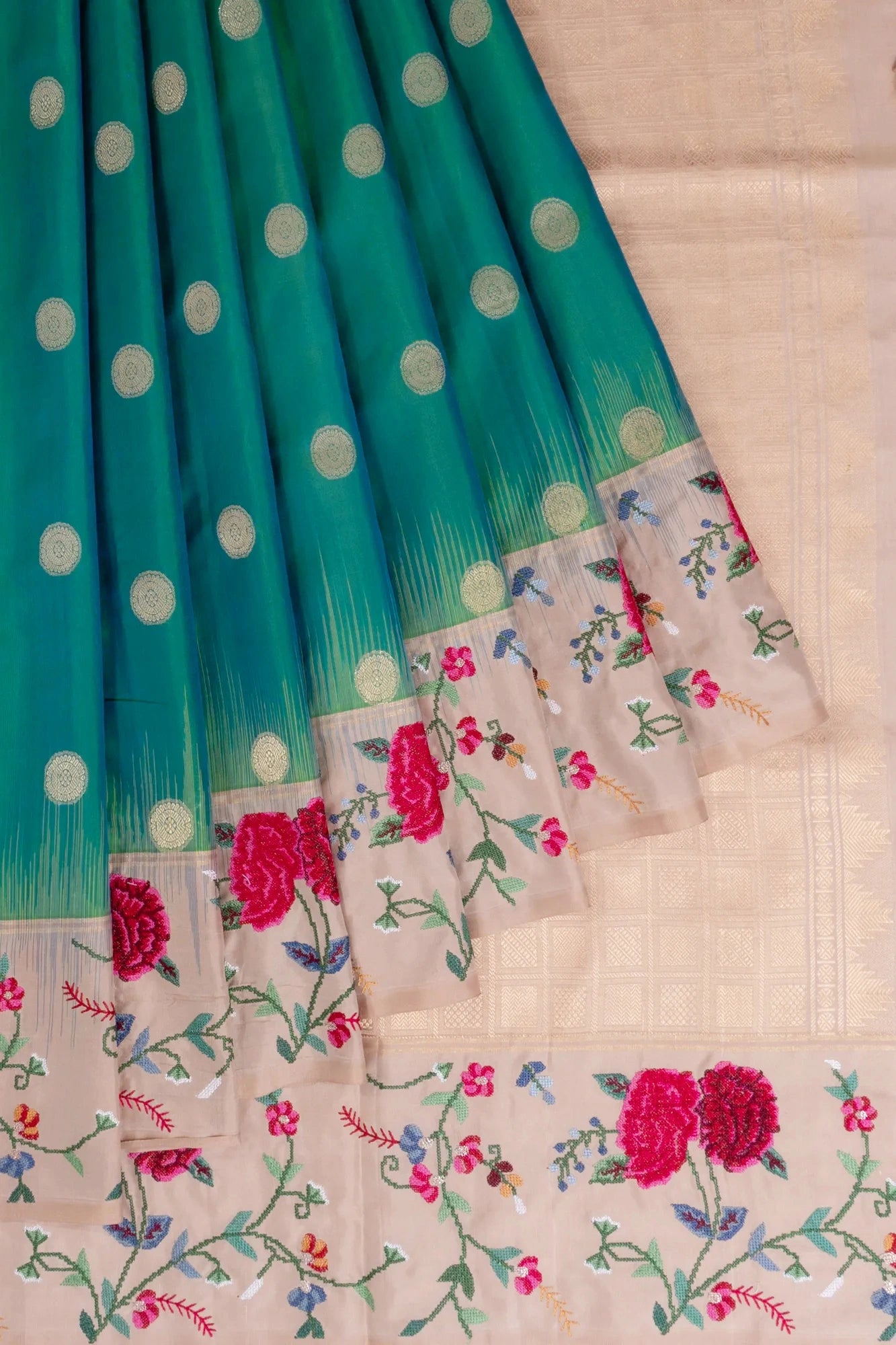 Taranga Kanchi Silk Butta Dual Tone Green And Blue Saree With Embroidery Border