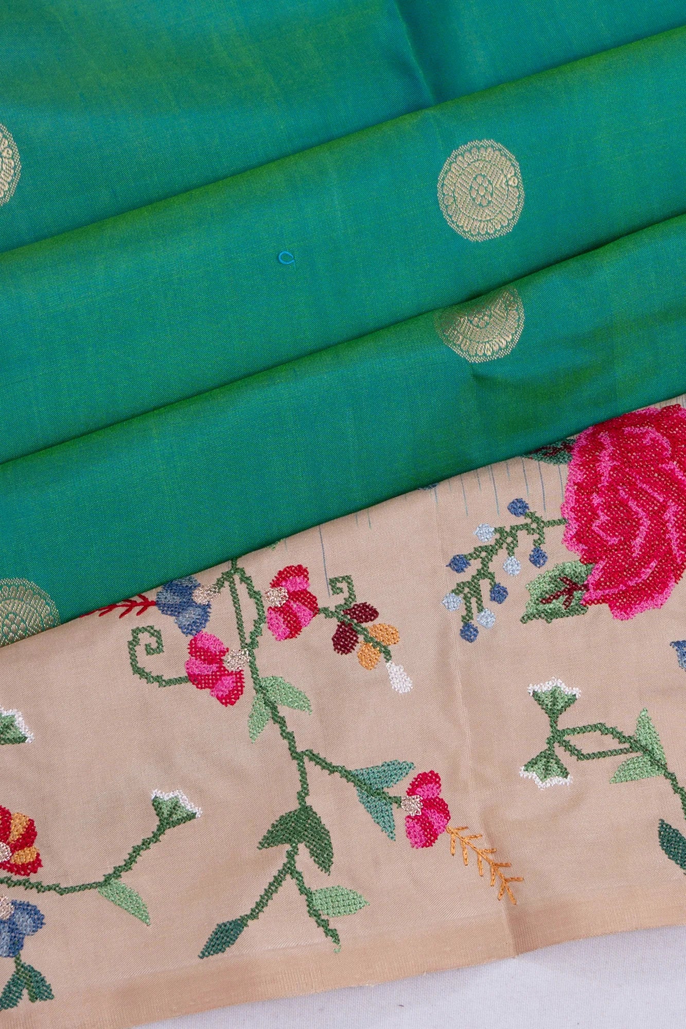 Taranga Kanchi Silk Butta Dual Tone Green And Blue Saree With Embroidery Border