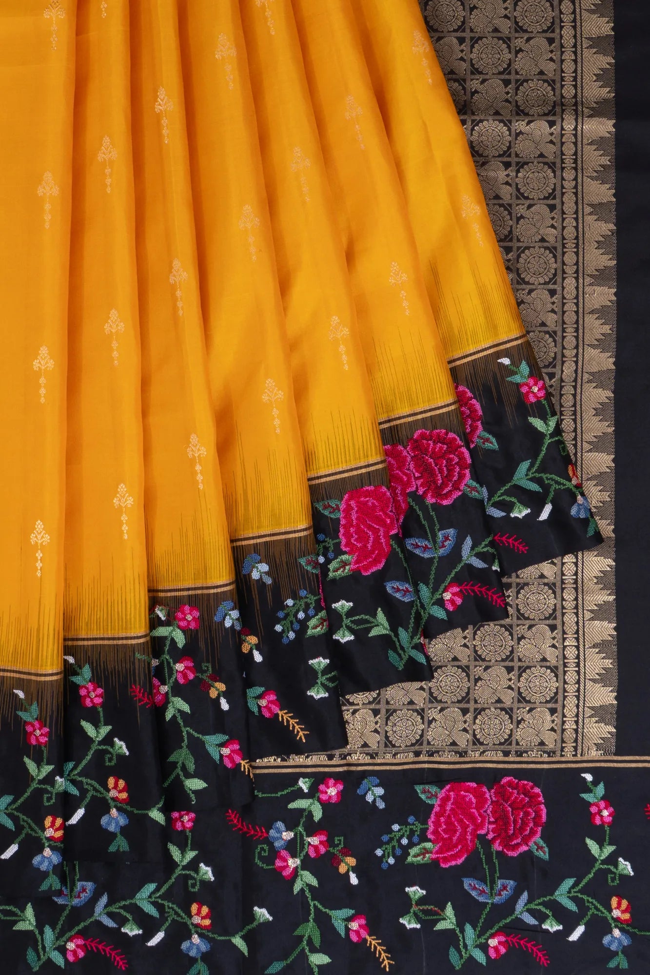 Taranga Kanchi Silk Butta Mustard Yellow Saree With Embroidery Border