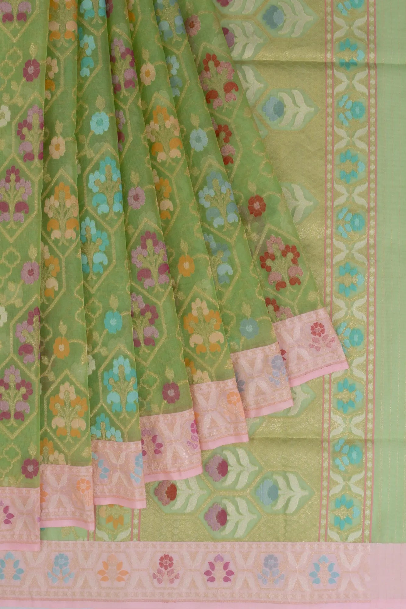 Banarasi Kora Organza Jaal Pista Green Saree