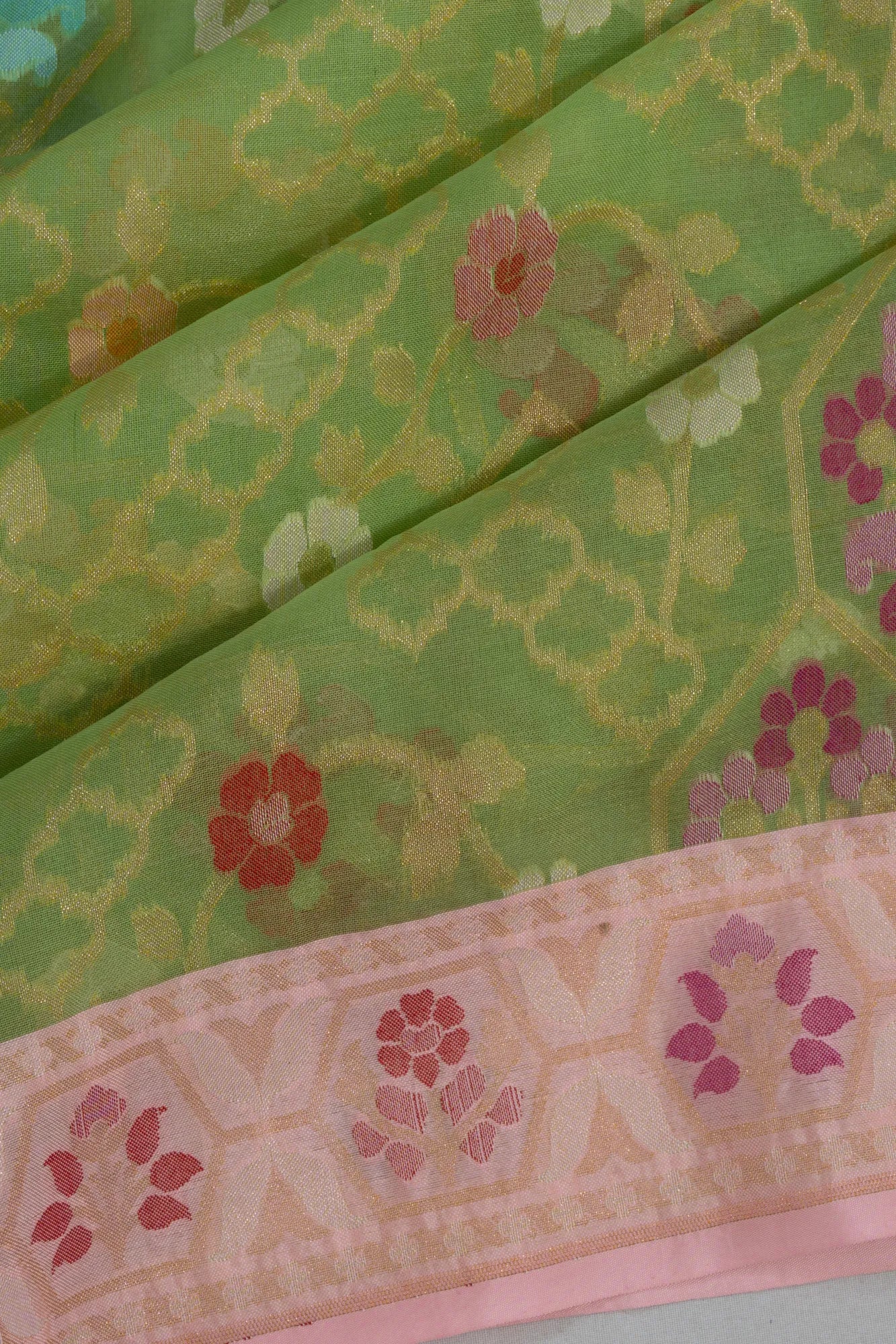 Banarasi Kora Organza Jaal Pista Green Saree