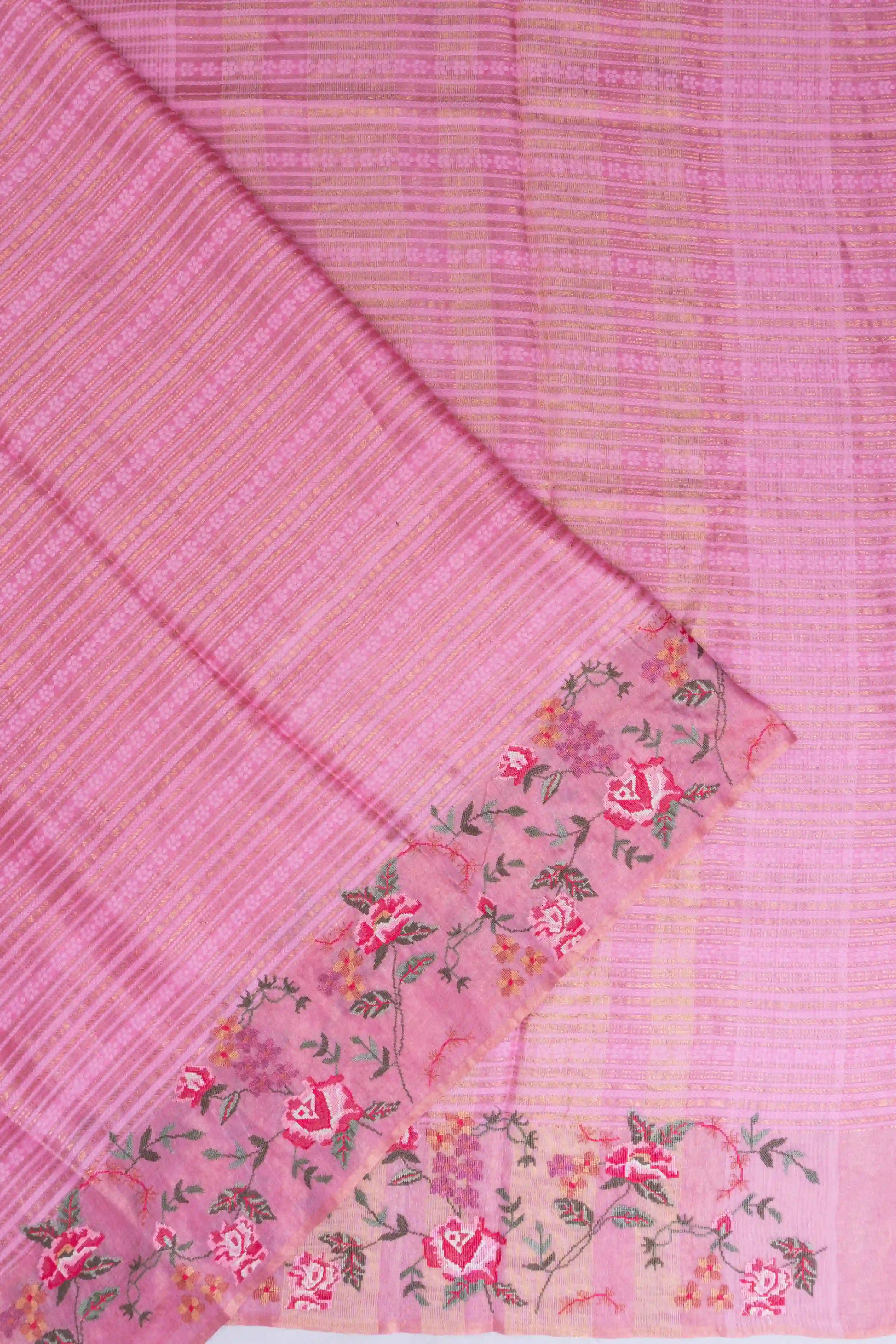 Tussar Horizontal Lines Pink Saree With Embroidery Border