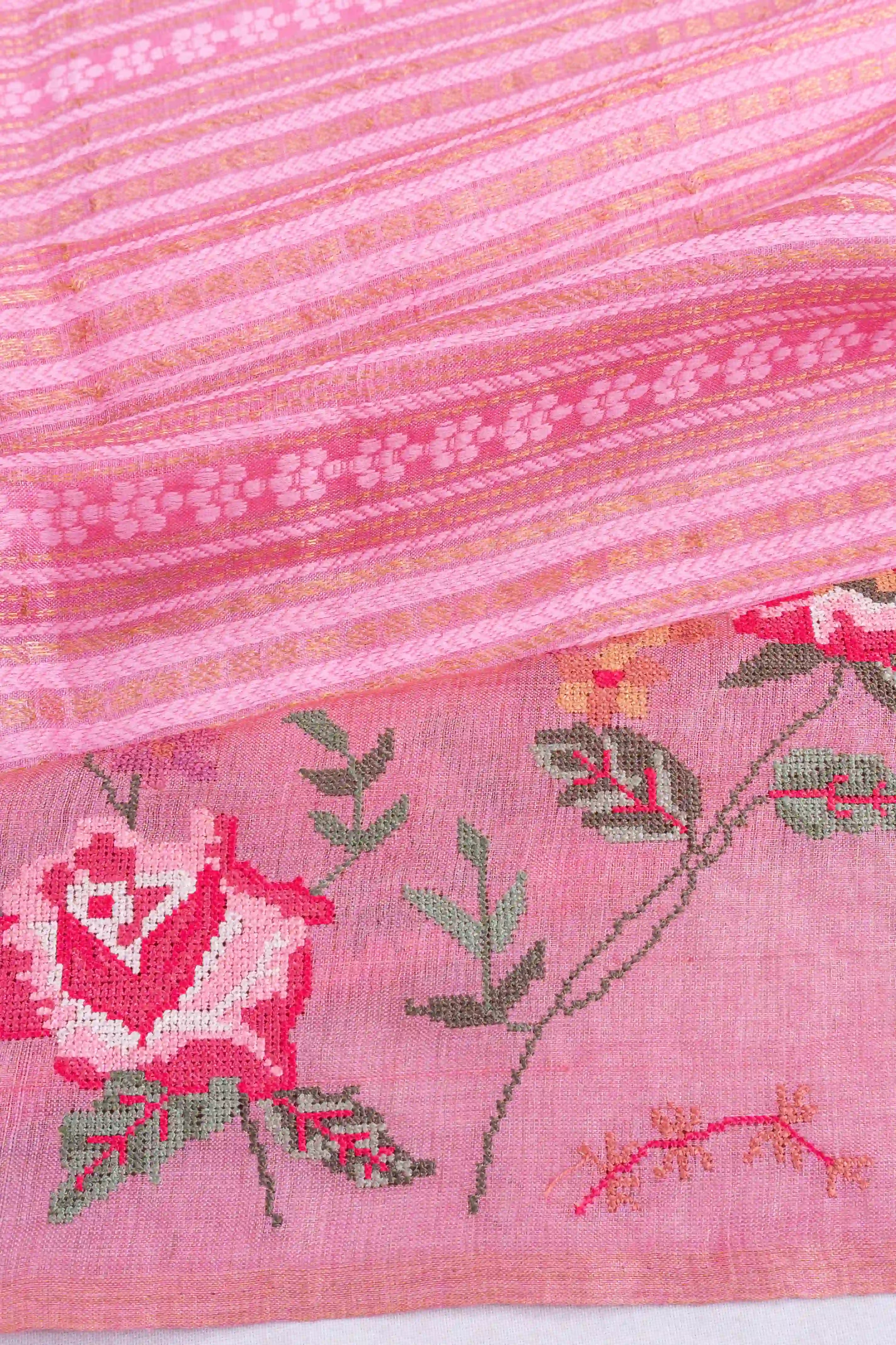 Tussar Horizontal Lines Pink Saree With Embroidery Border