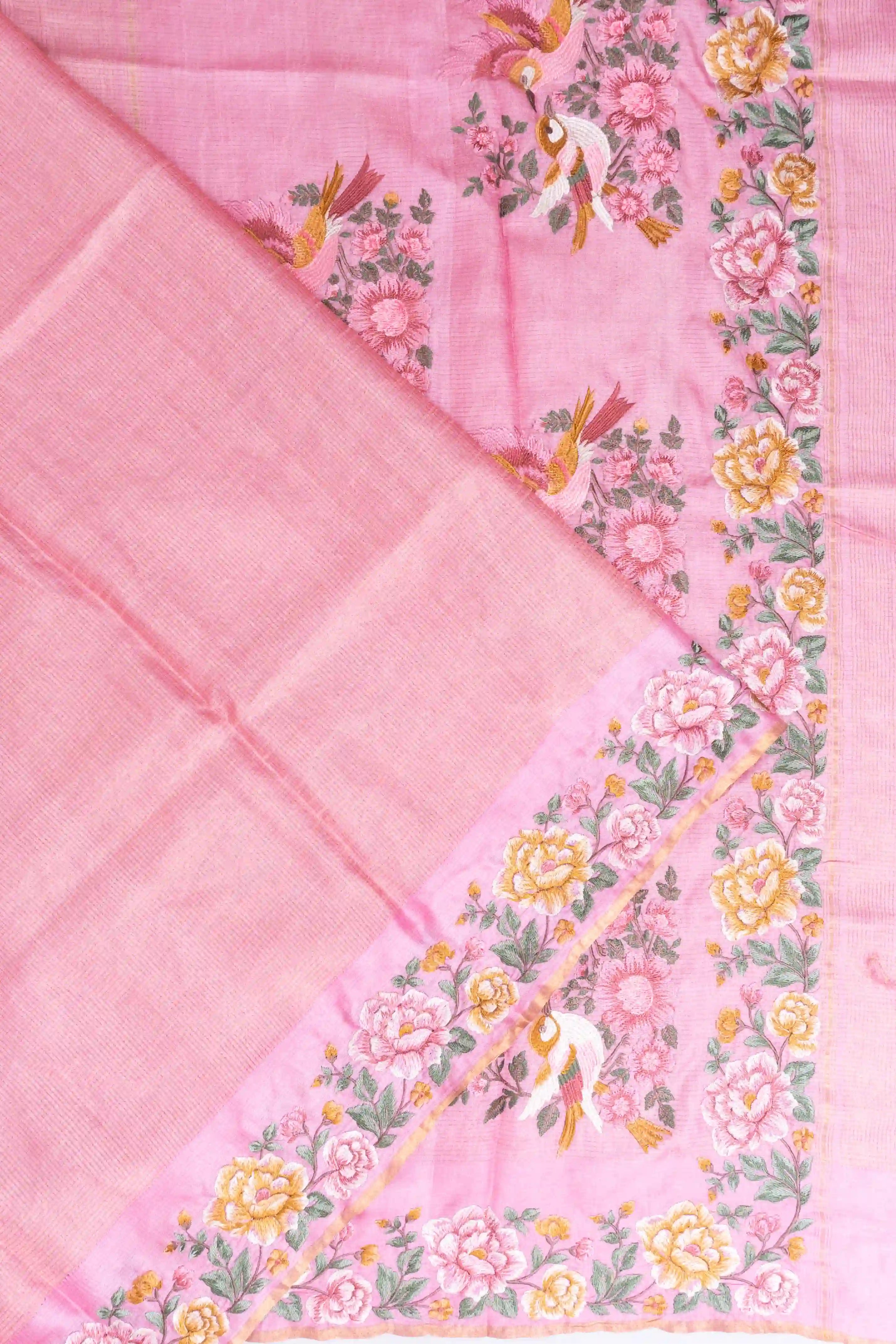 Tussar Checks Baby Pink Saree With Embroidery Border