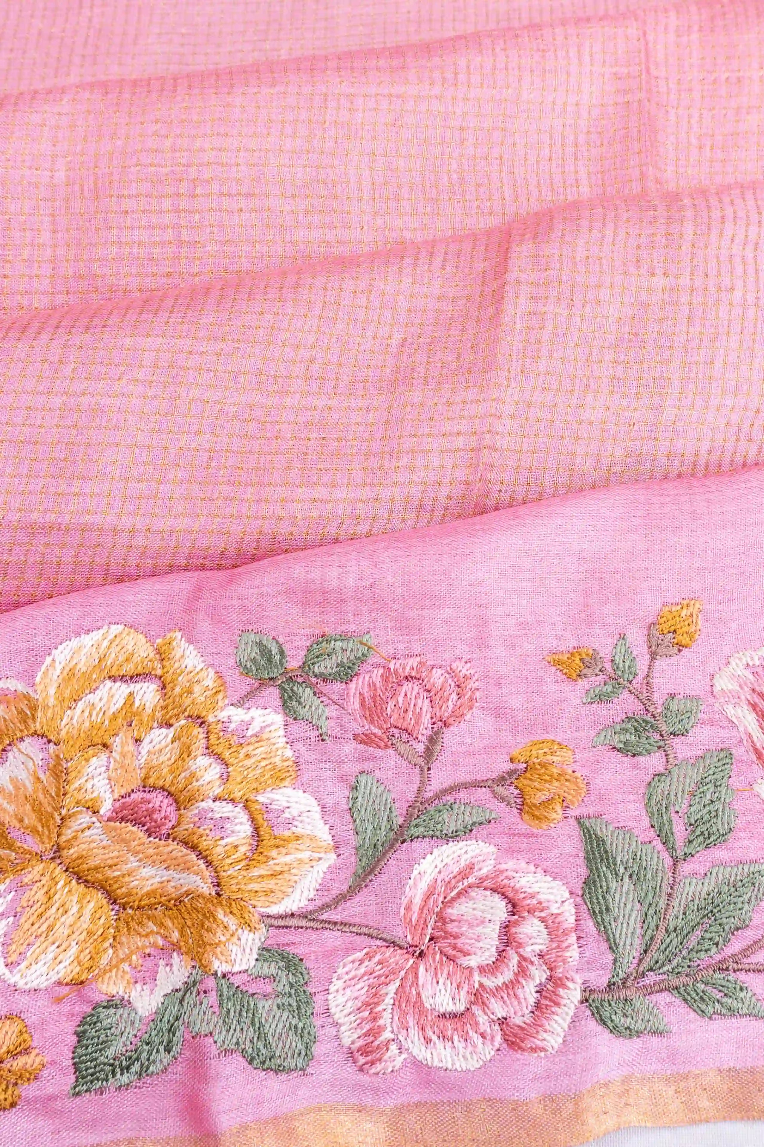 Tussar Checks Baby Pink Saree With Embroidery Border