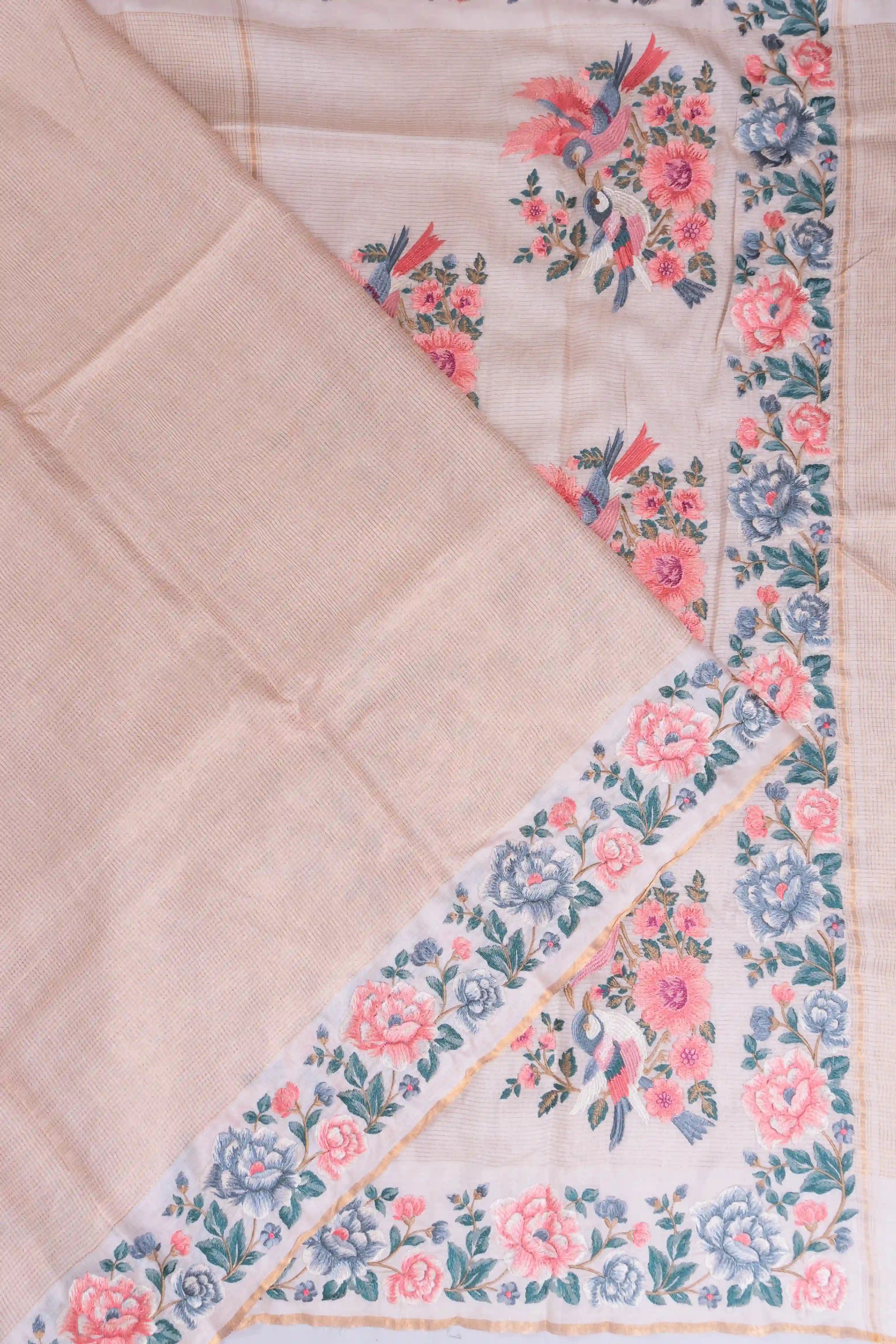 Tussar Checks Cream Saree With Embroidery Border