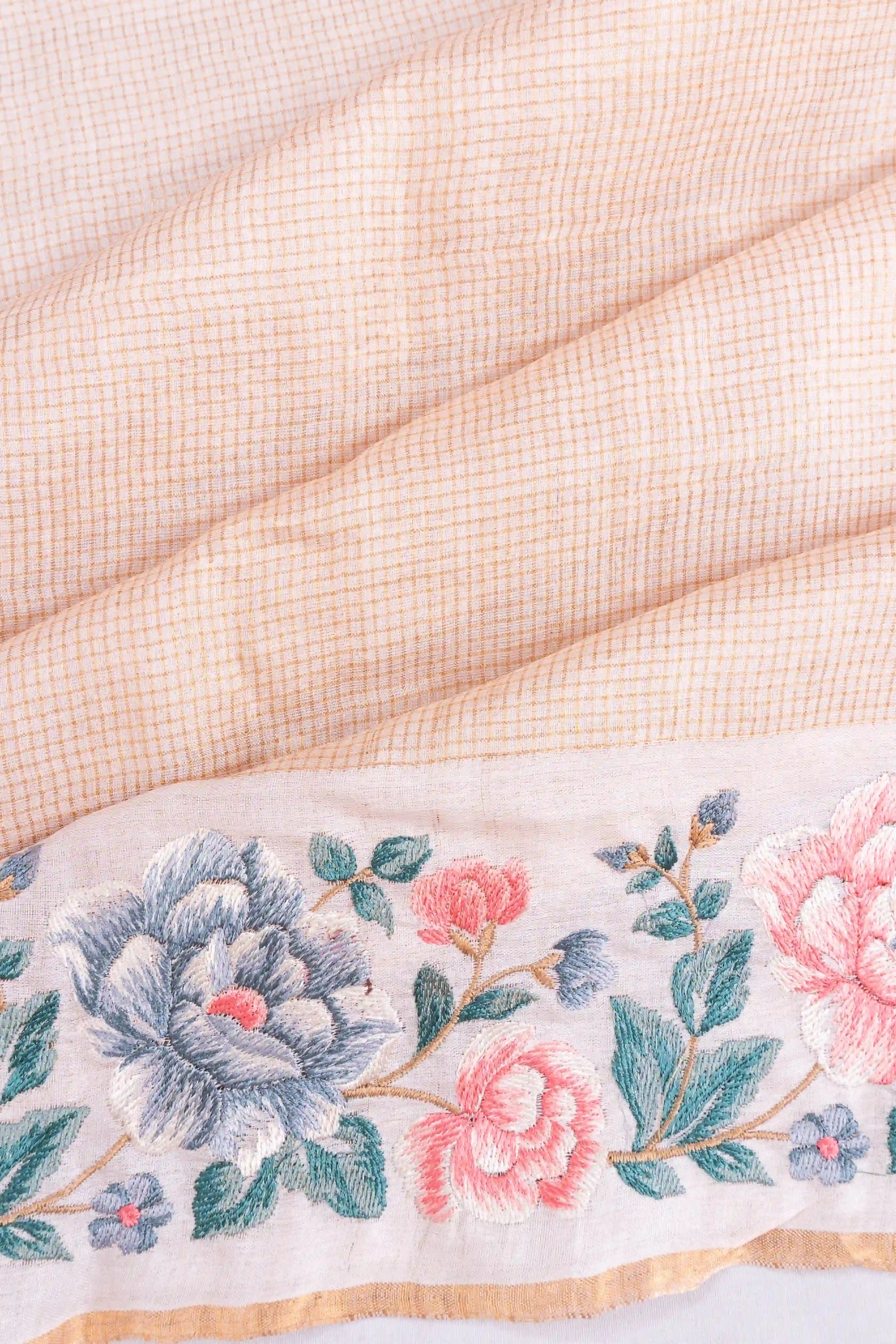 Tussar Checks Cream Saree With Embroidery Border