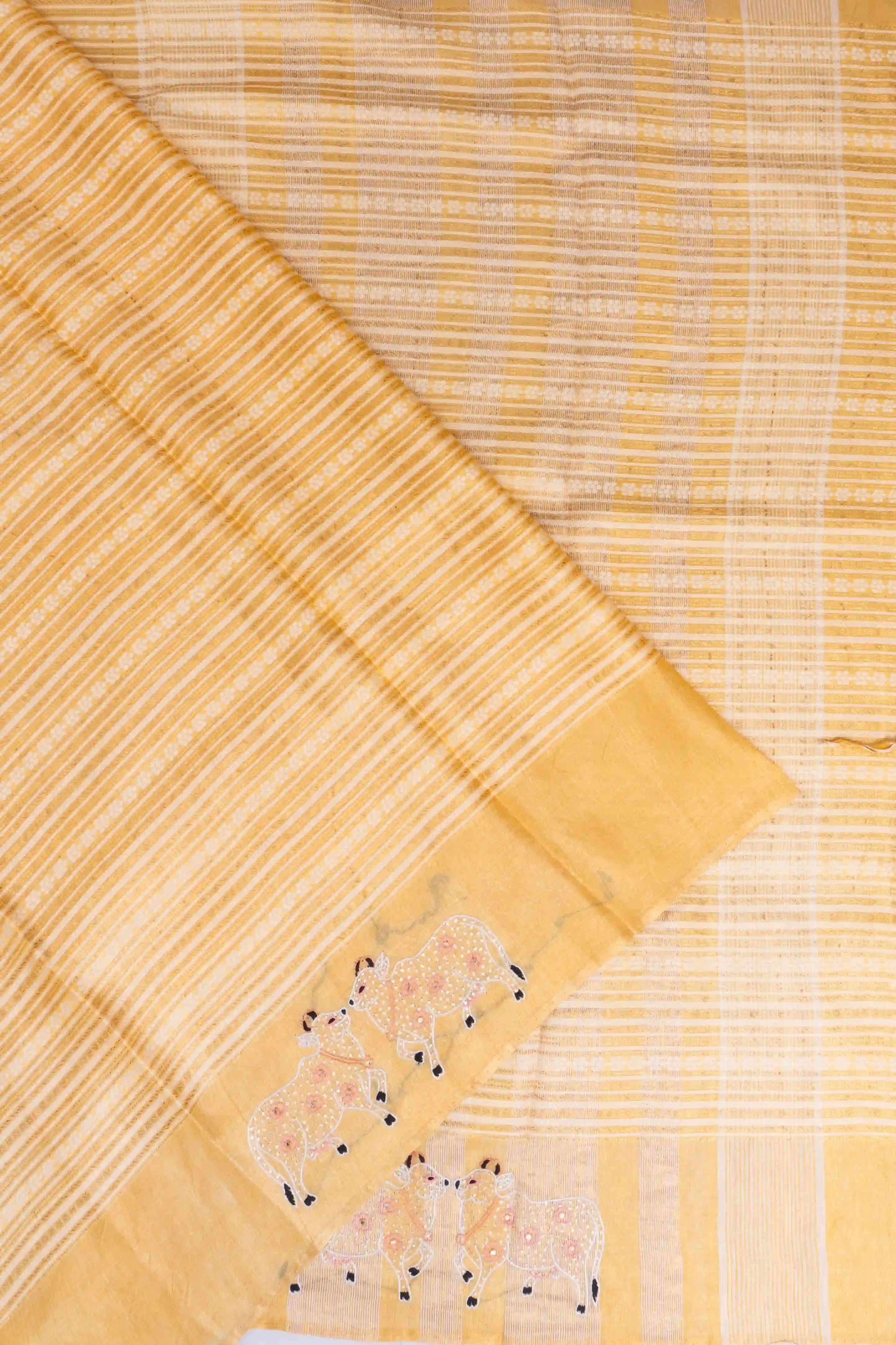 Tussar Horizontal Brocade Yellow Saree With Embroidery Pichwai Border