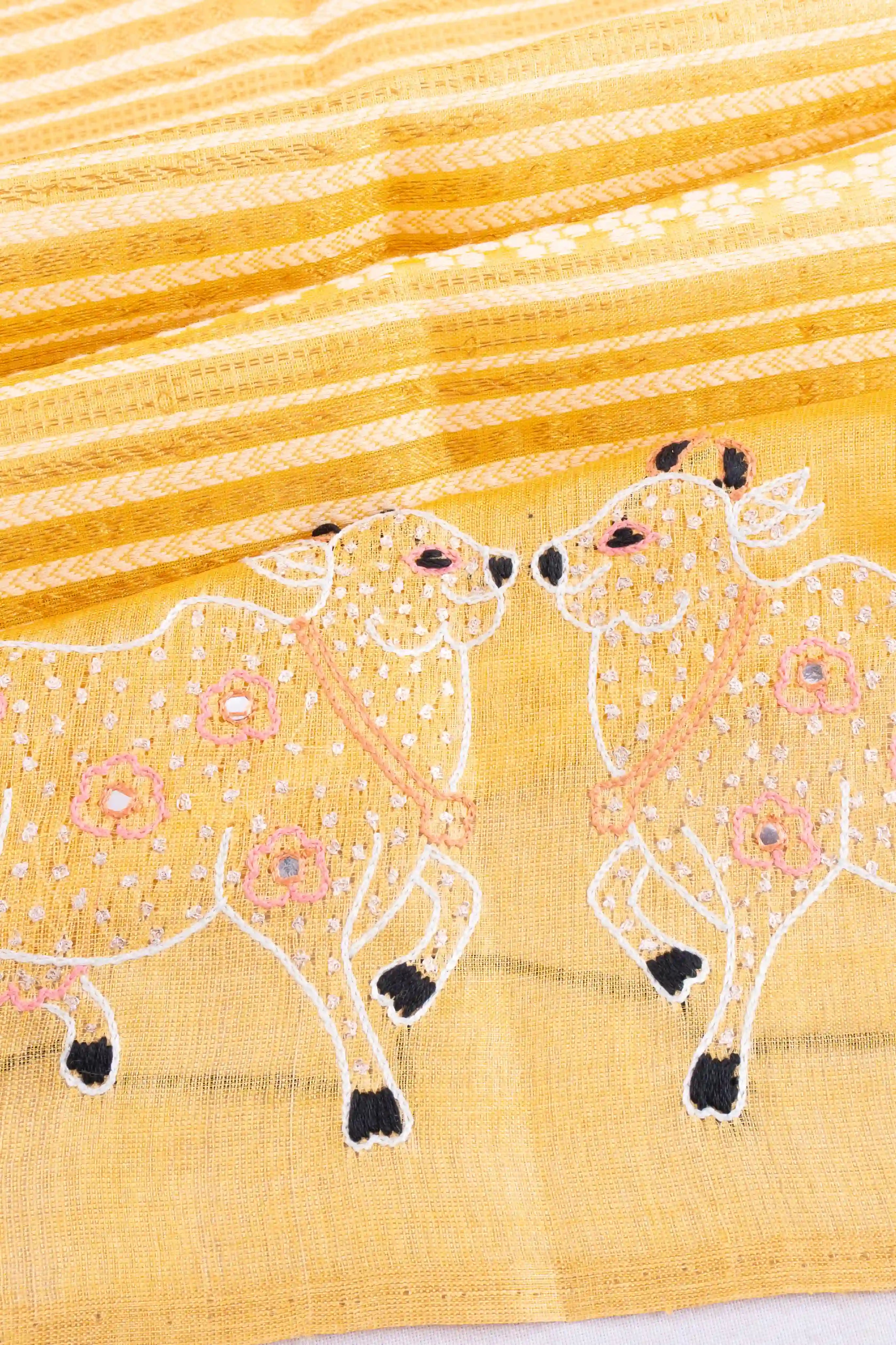 Tussar Horizontal Brocade Yellow Saree With Embroidery Pichwai Border