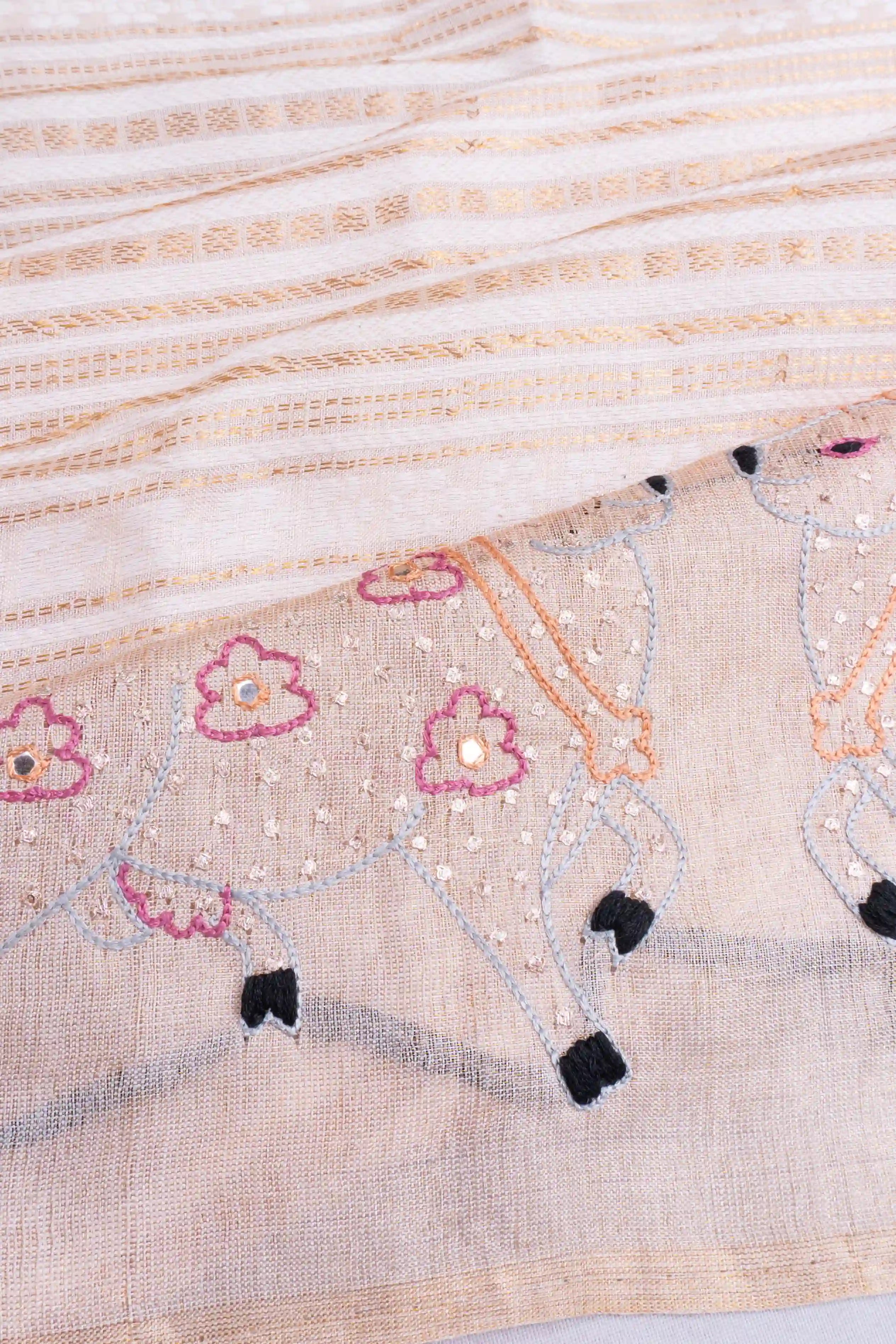 Tussar Horizontal Brocade Cream Saree With Embroidery Pichwai Border