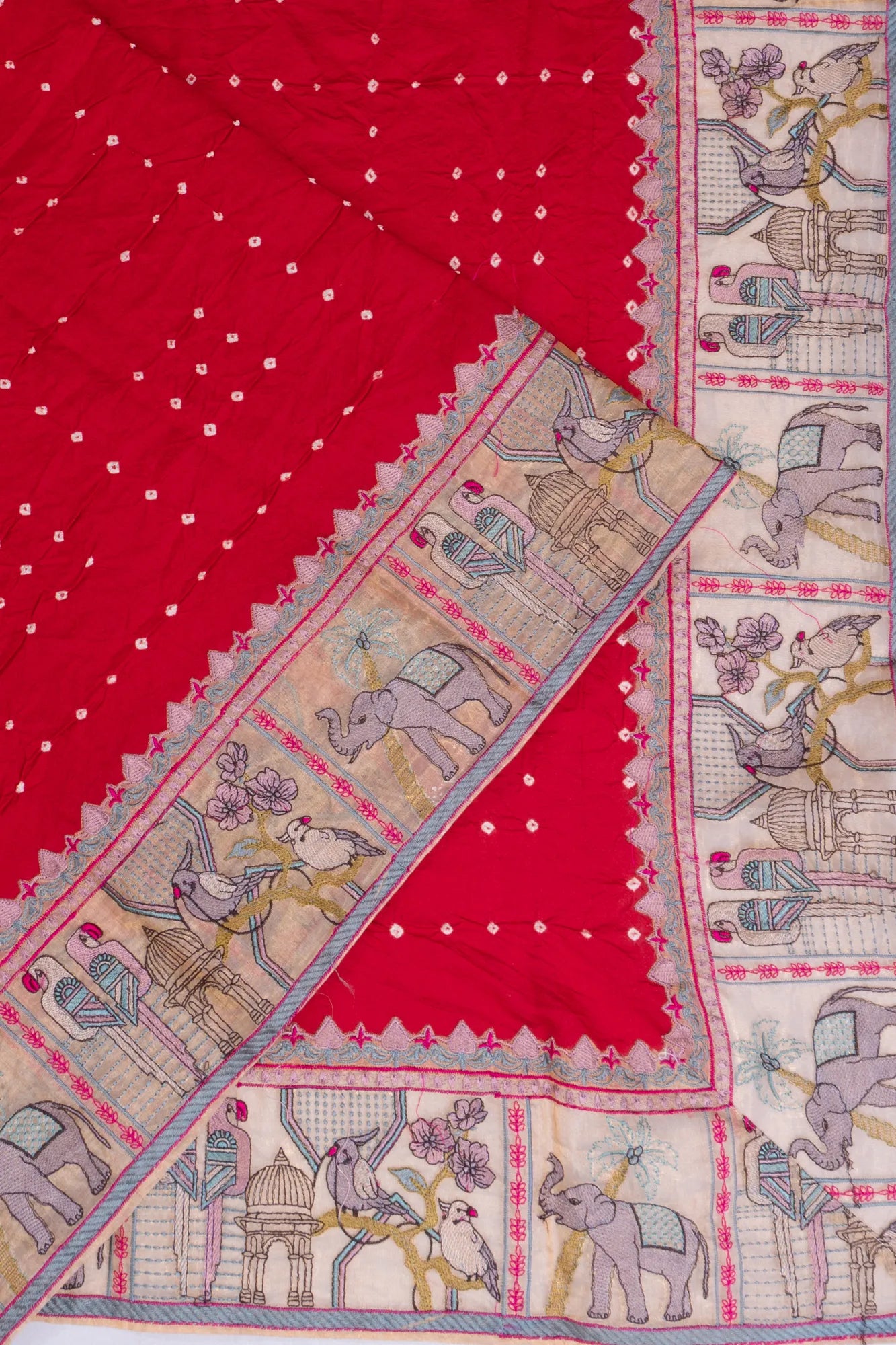 Banarasi Silk Bandhani Red Saree With Organza Embroidery Border