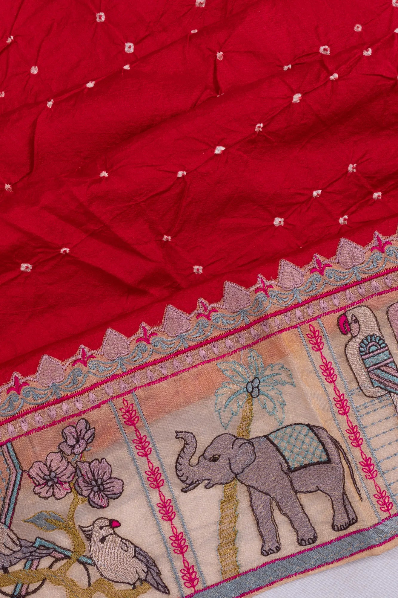 Banarasi Silk Bandhani Red Saree With Organza Embroidery Border