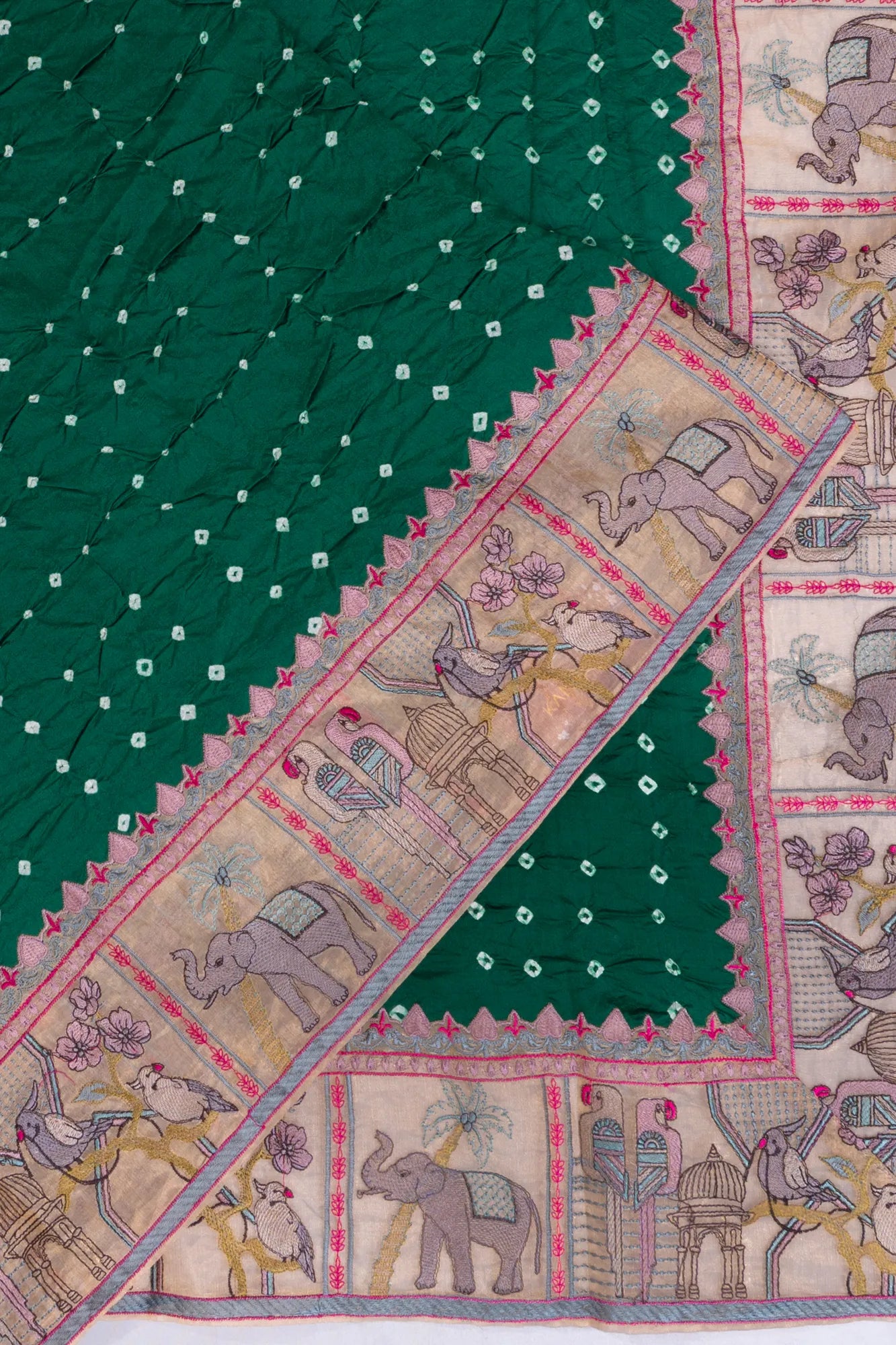 Banarasi Silk Bandhani Bottle Green Saree With Organza Embroidery Border