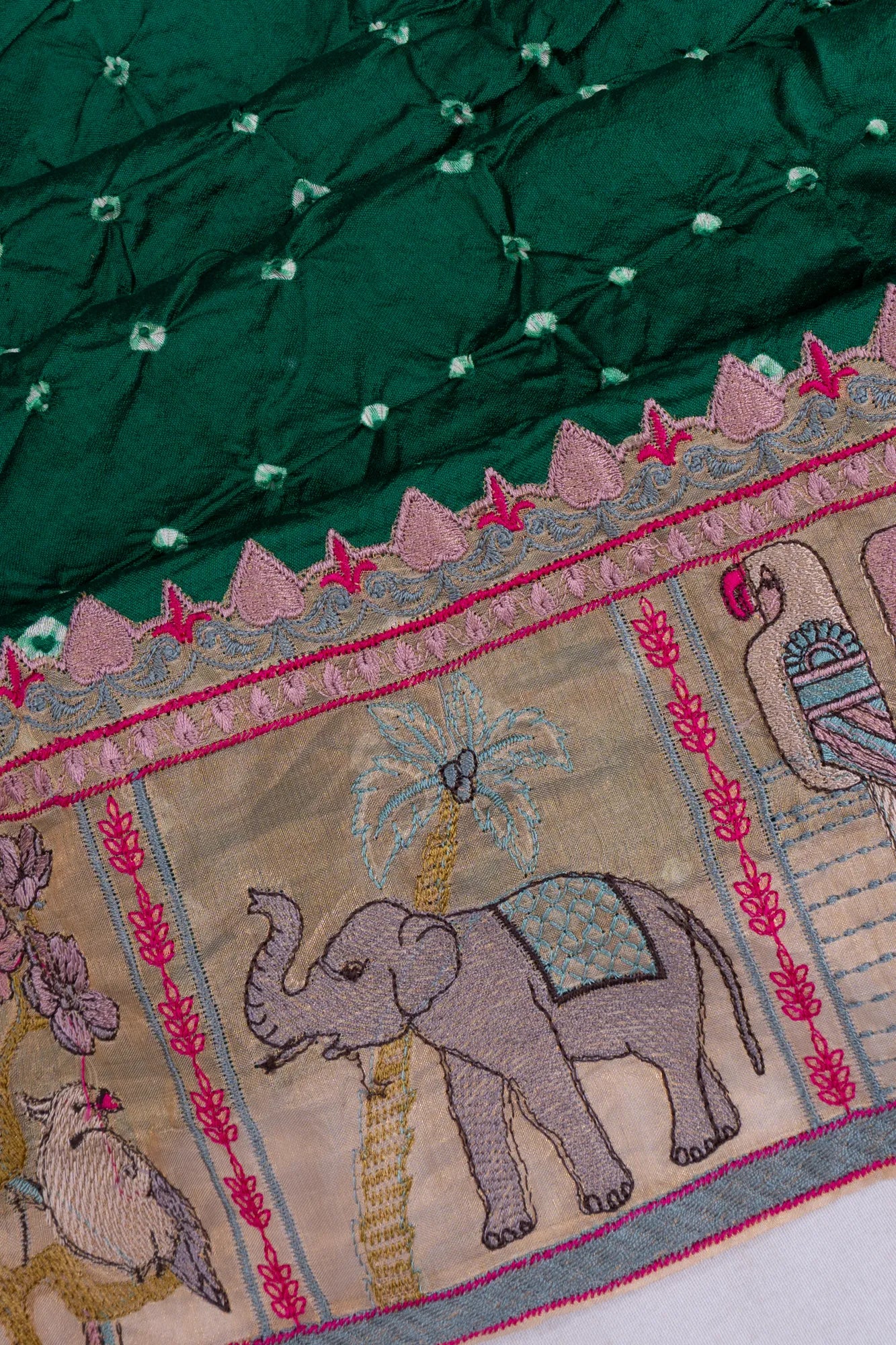 Banarasi Silk Bandhani Bottle Green Saree With Organza Embroidery Border