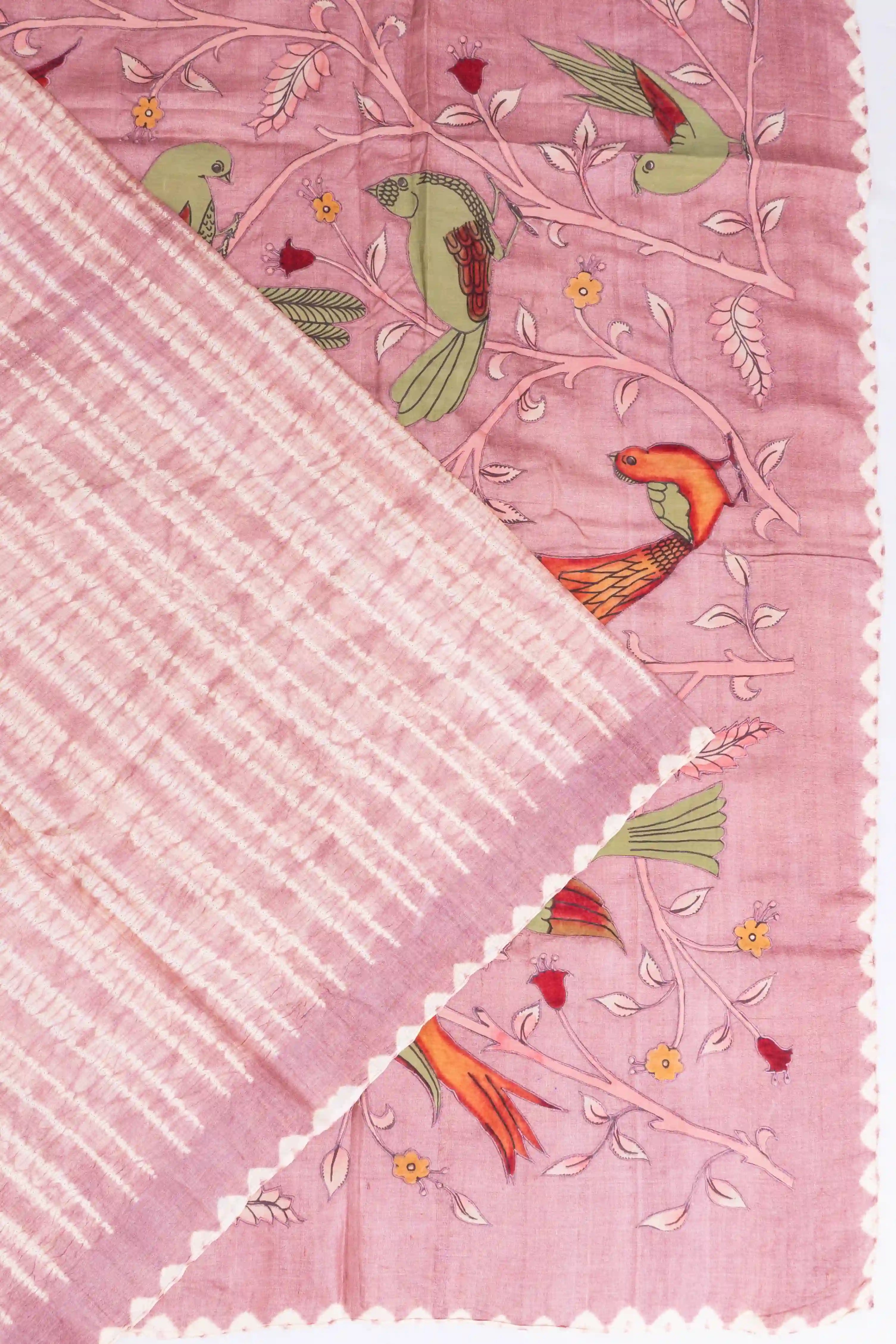 Tussar Shibori Printed Baby Pink Saree With Kalamkari Hand Painted Pallu