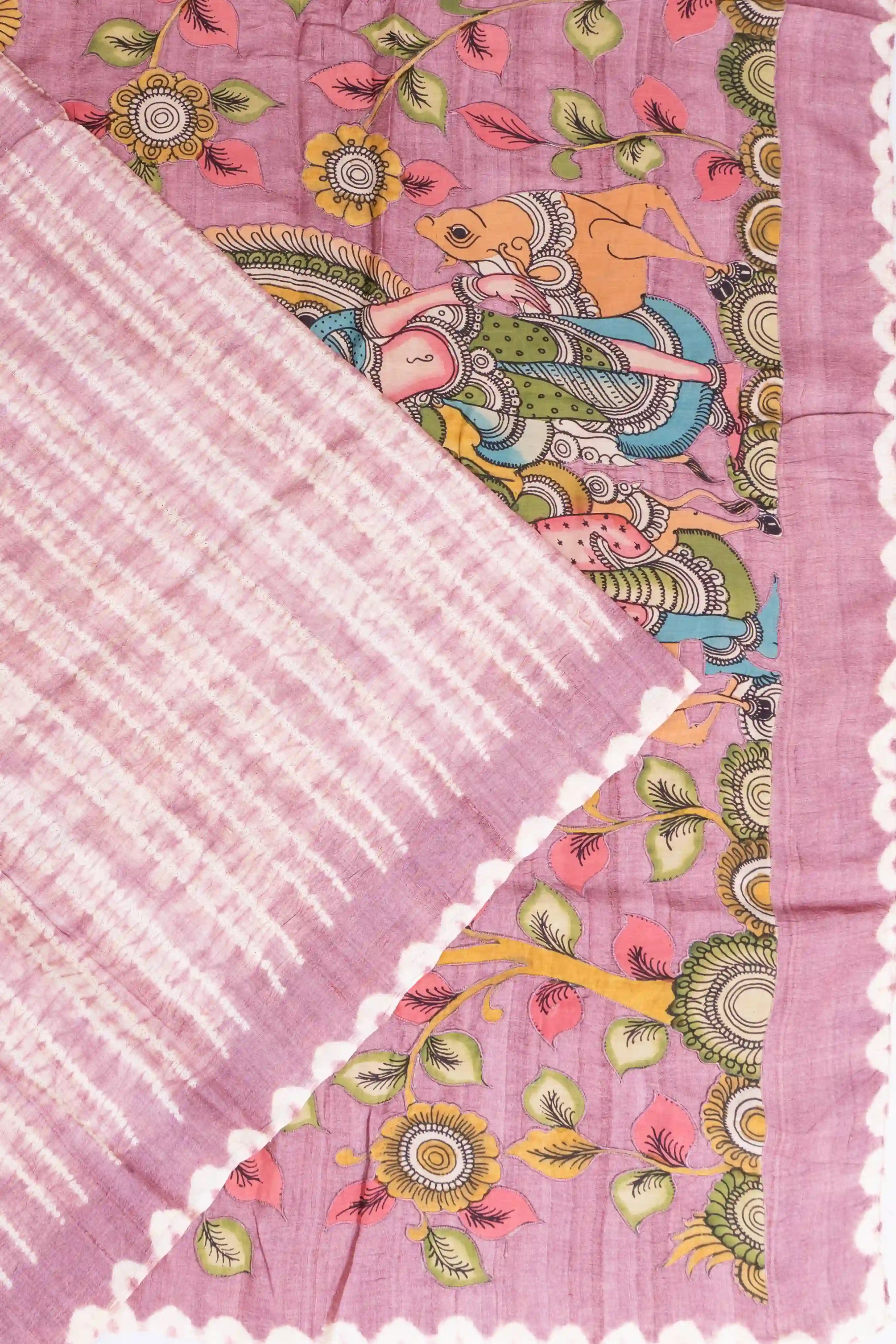 Tussar Shibori Printed Pink Saree With Kalamkari Hand Painted Pallu
