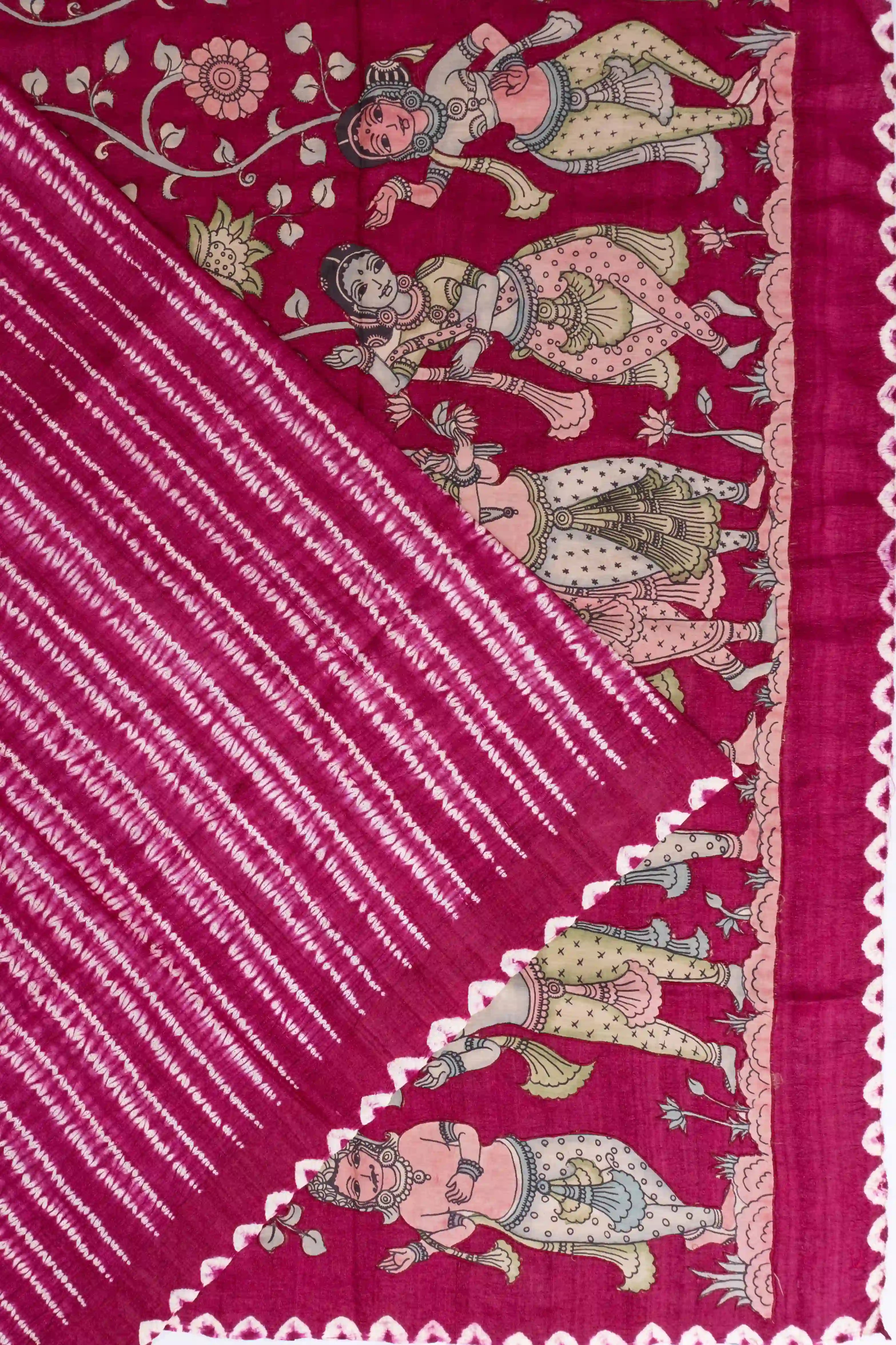 Tussar Shibori Printed Magenta Pink Saree With Kalamkari Hand Painted Pallu