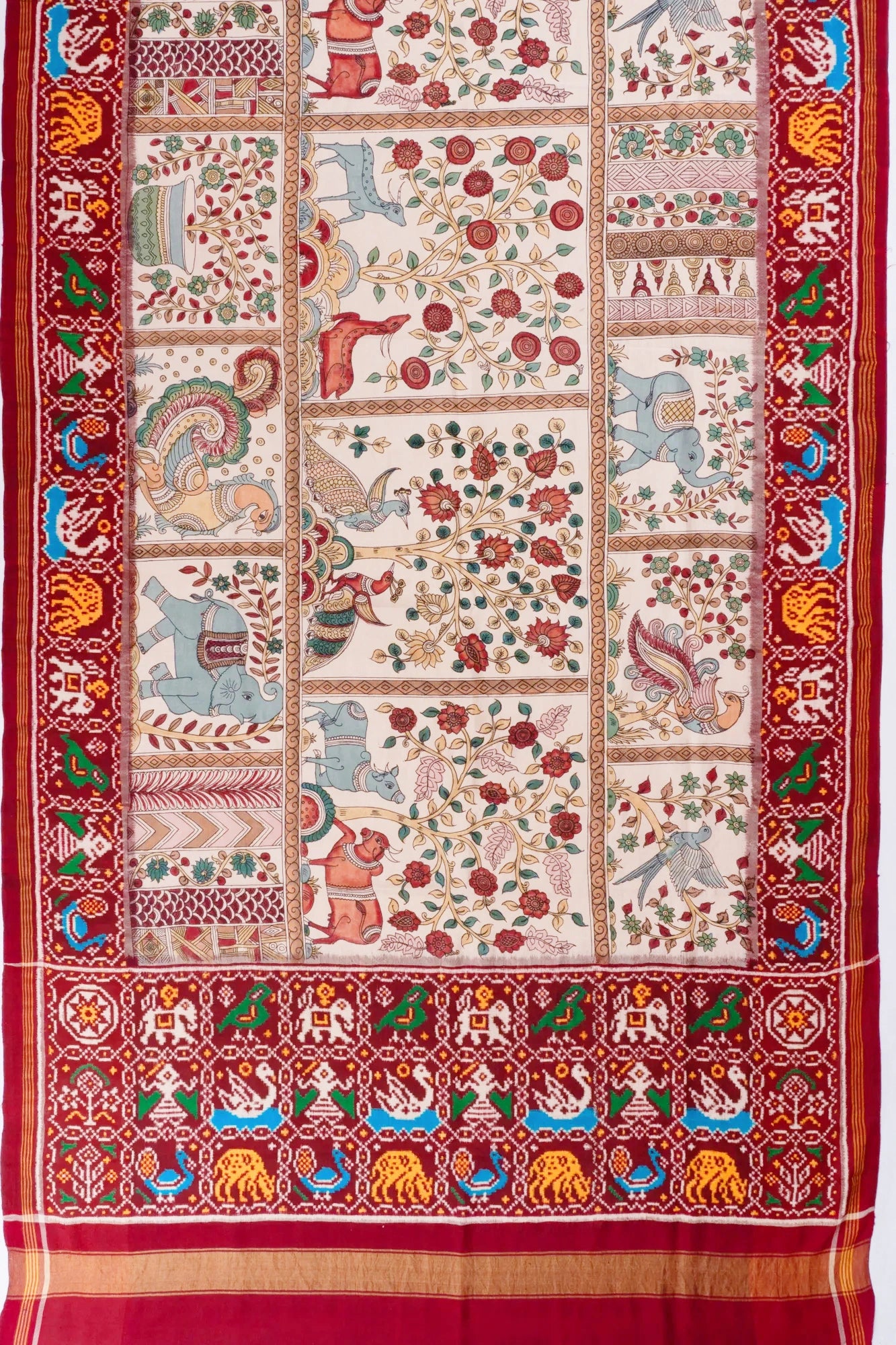 Kalamkari Hand Painted X Patan Patola Silk Double Ikat Cream Saree With 6 Figure Border