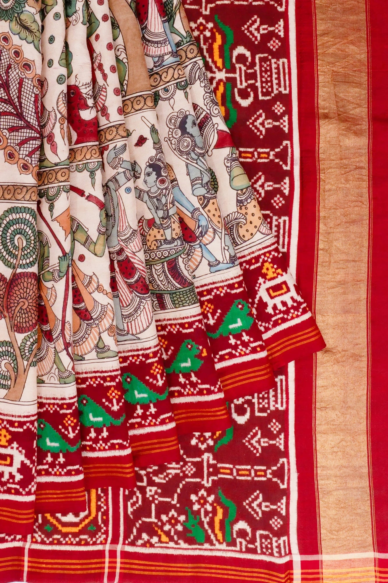 Kalamkari Ramayan Hand Painted X Patan Patola Silk Double Ikat Cream Saree