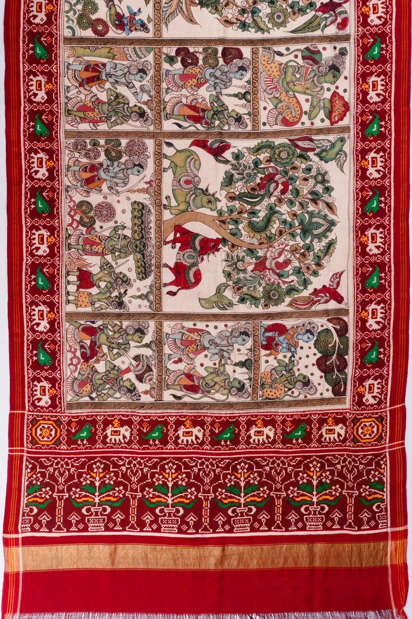 Kalamkari Ramayan Hand Painted X Patan Patola Silk Double Ikat Cream Saree