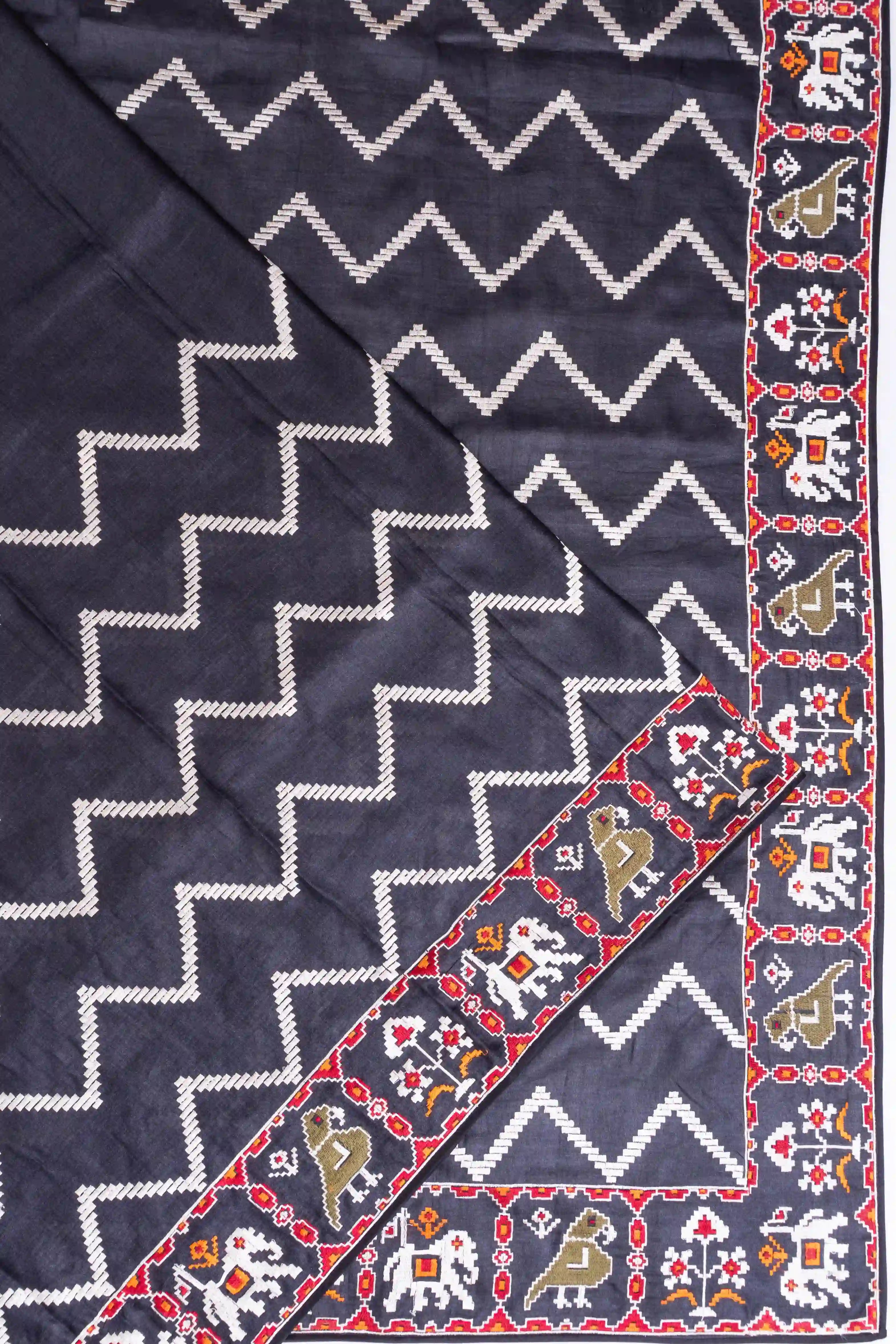 Tussar Embroidery Zig Zag Lines Black Saree
