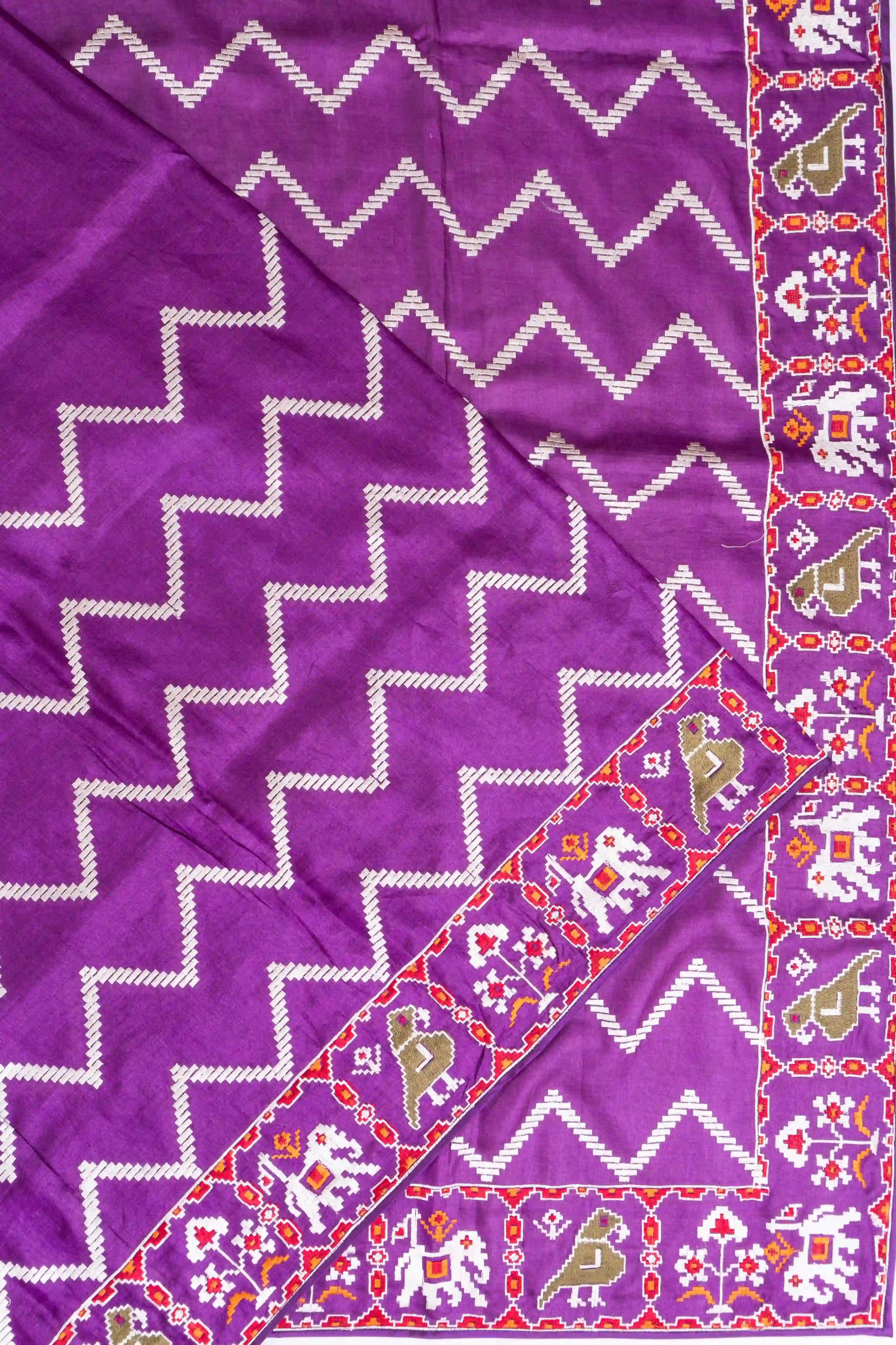 Tussar Embroidery Zig Zag Lines Purple Saree
