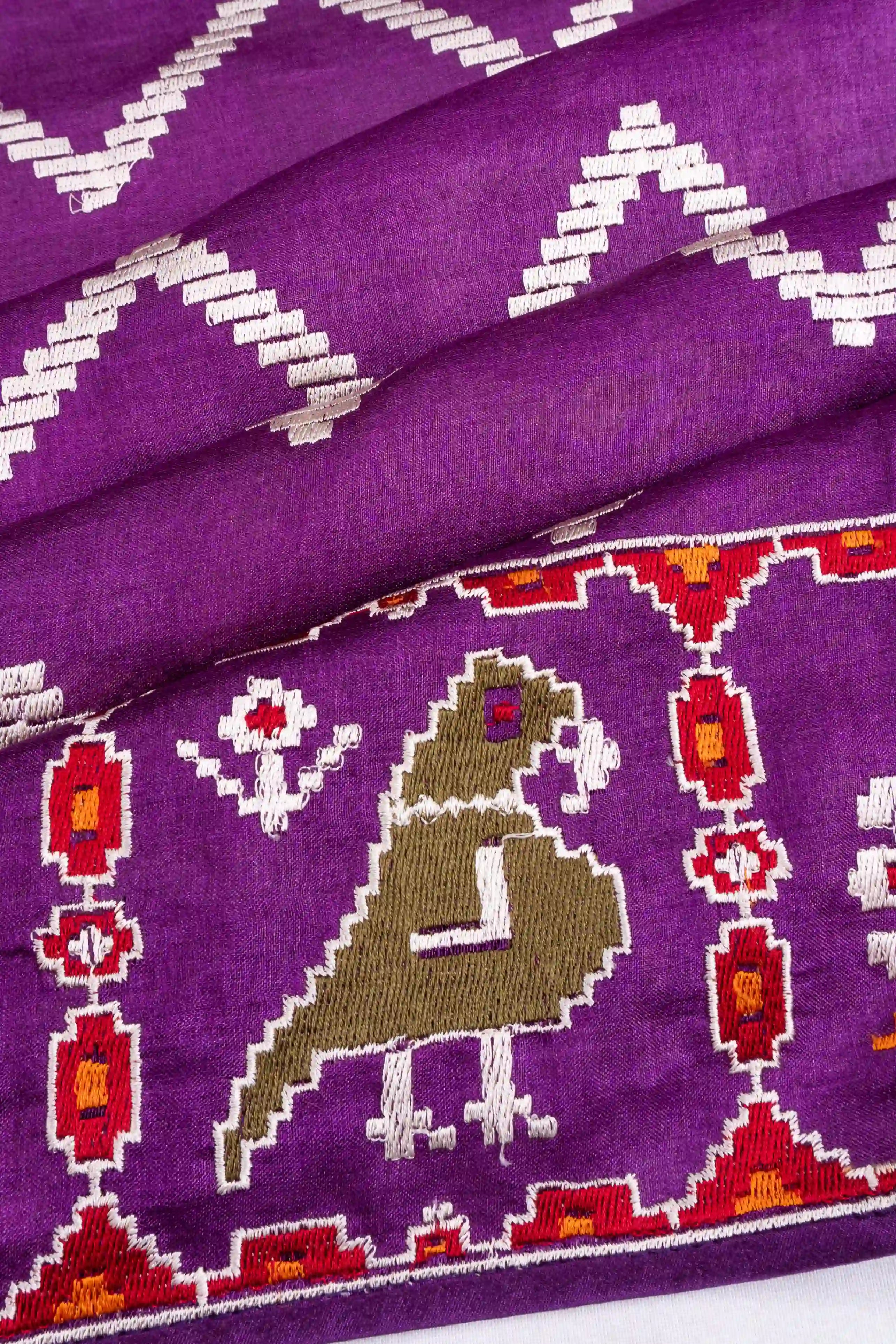 Tussar Embroidery Zig Zag Lines Purple Saree