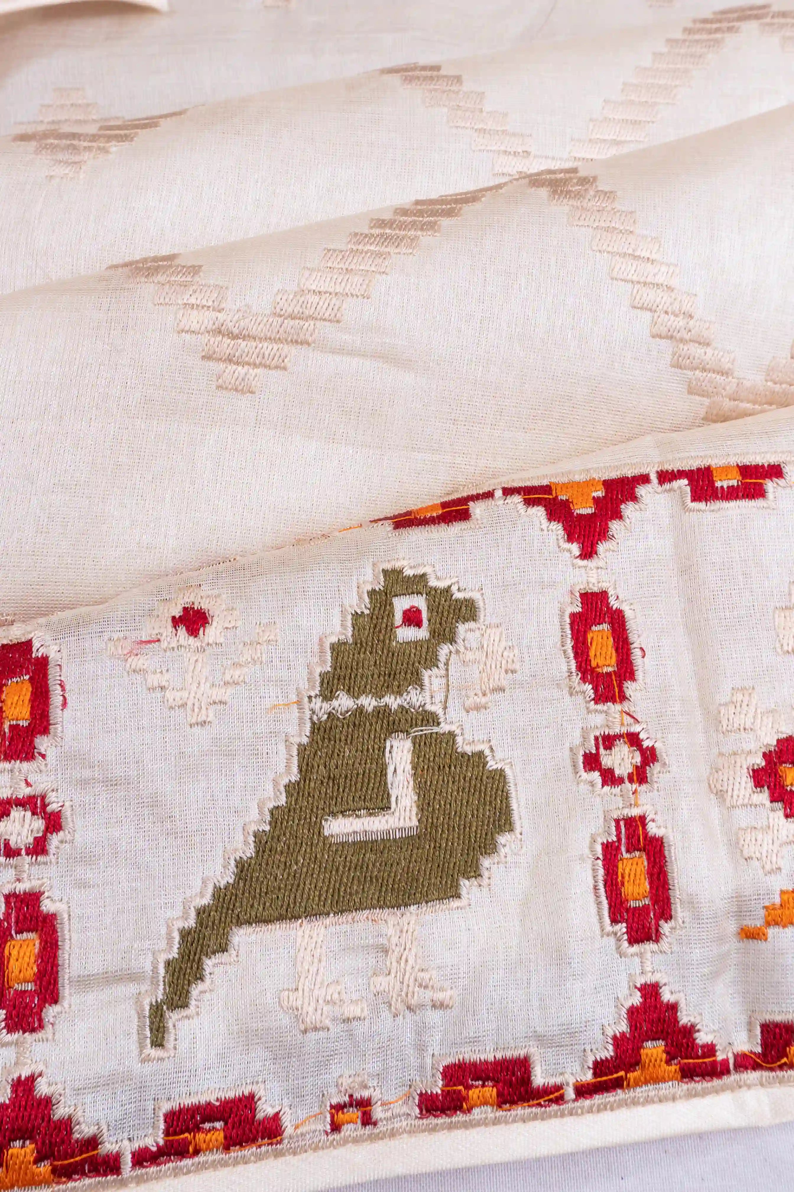 Tussar Embroidery Zig Zag Lines Cream Saree