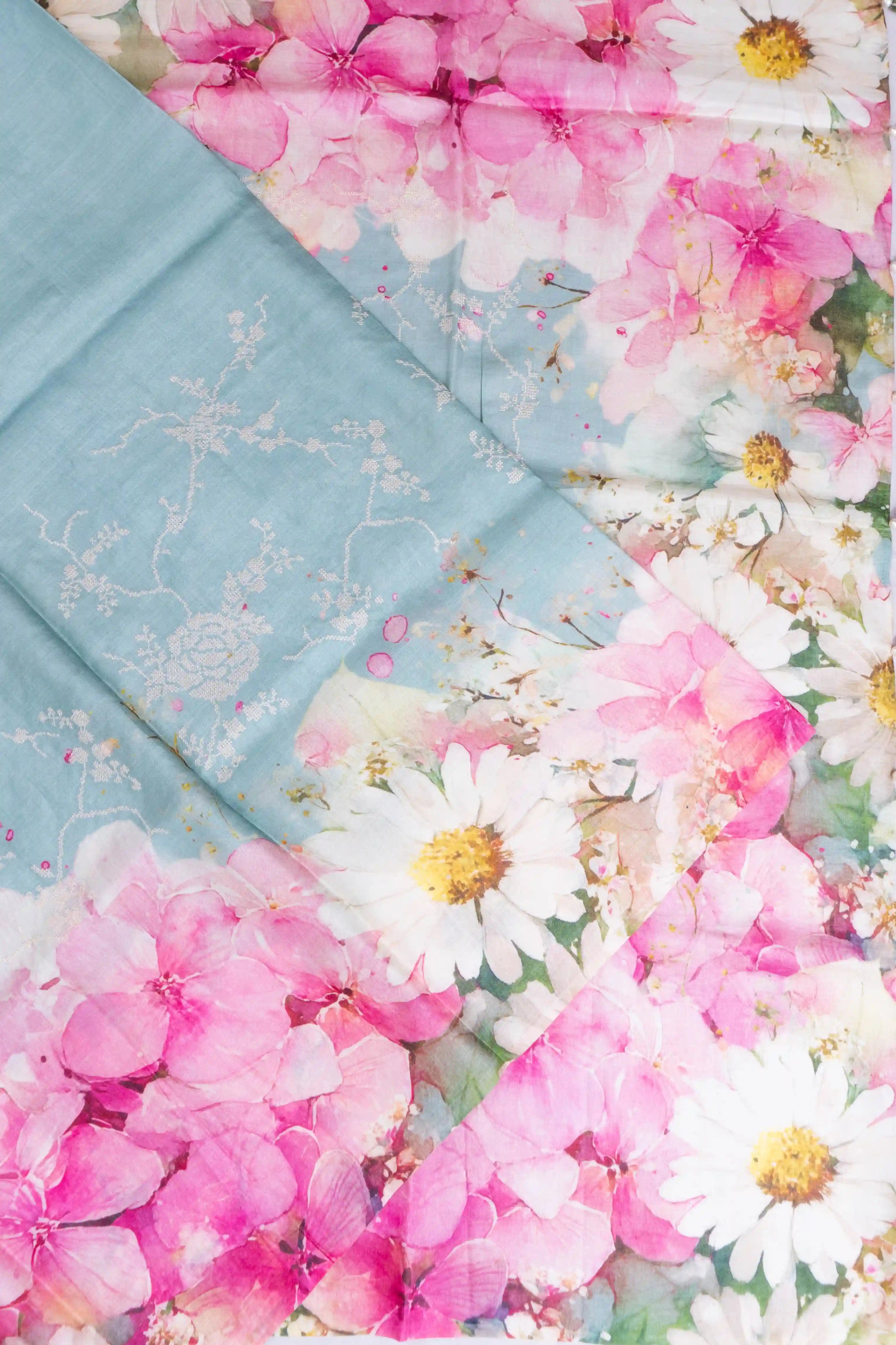 Soft Tussar Embroidery Sea Blue Saree