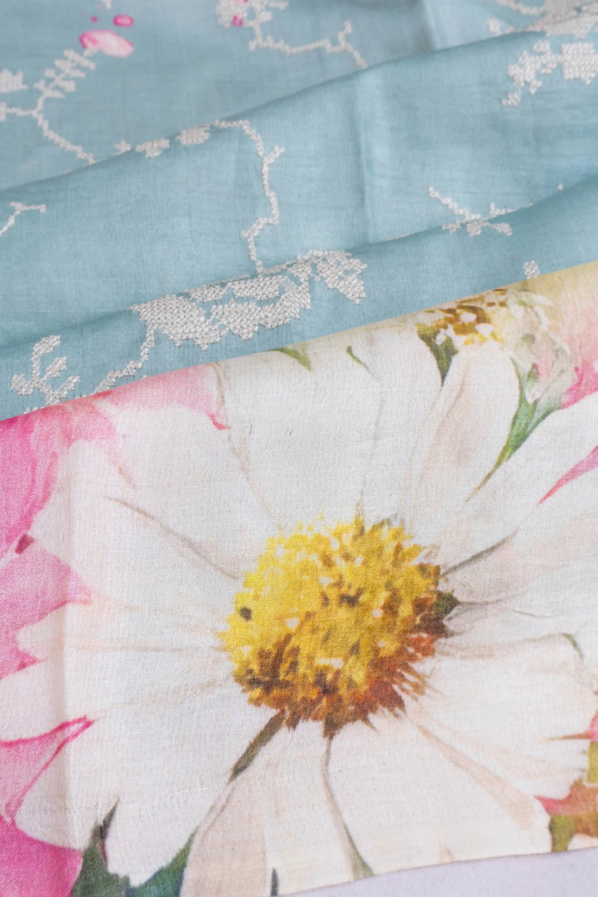 Soft Tussar Embroidery Sea Blue Saree