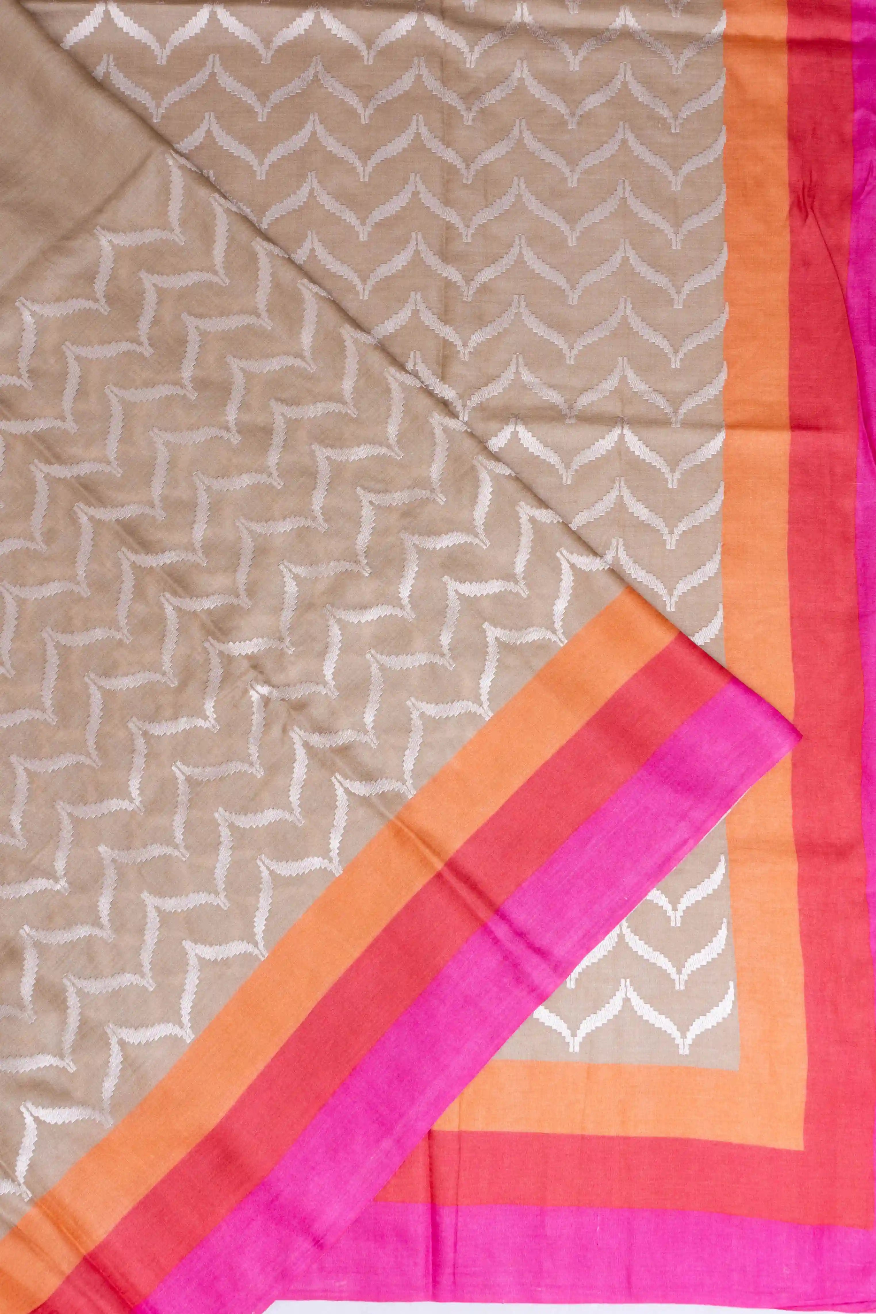 Tussar Embroidered Zig Zag Lines Beige Saree