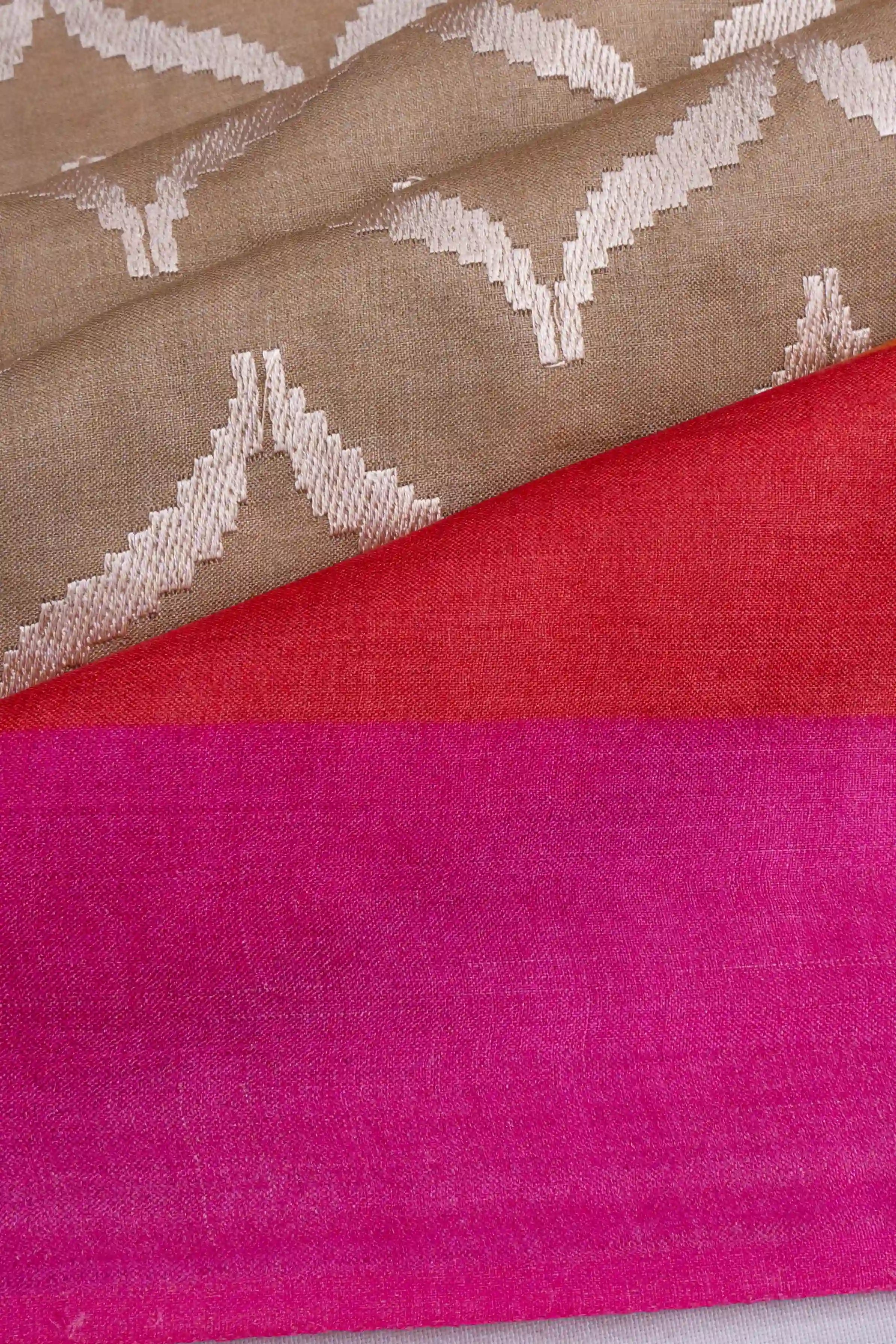 Tussar Embroidered Zig Zag Lines Beige Saree