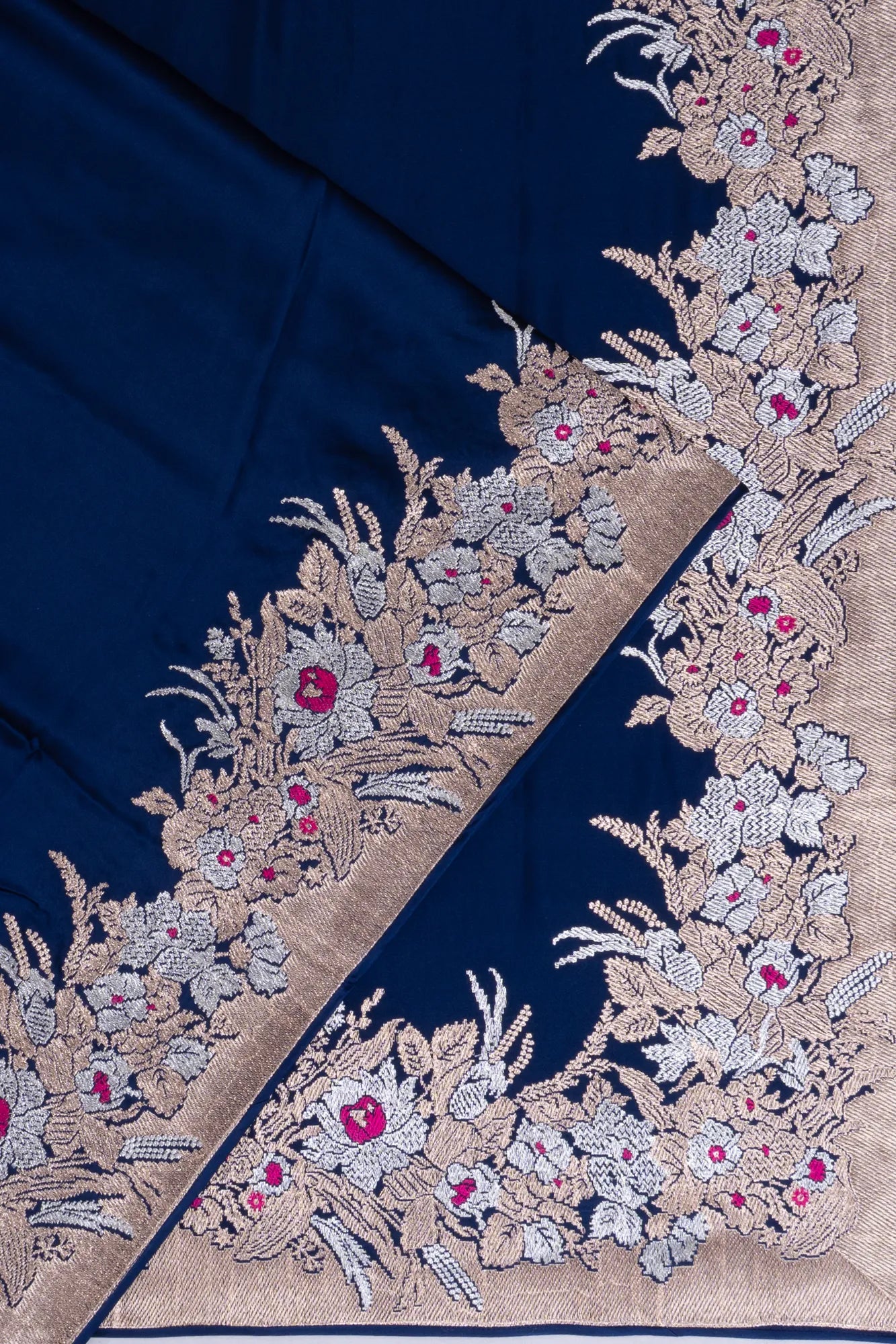 Banarasi Satin Plain Dark Blue Saree With Embroidery Blouse