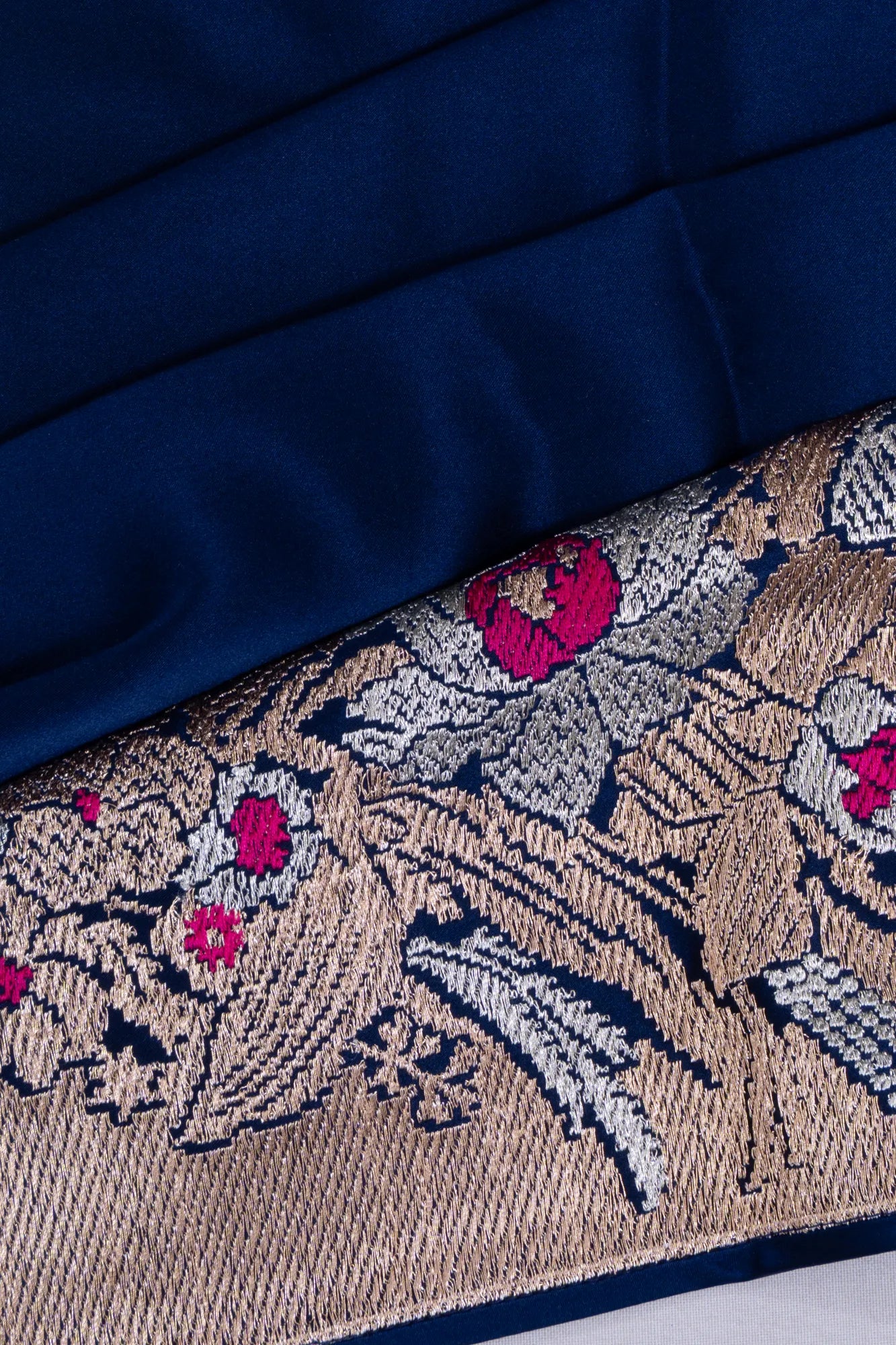 Banarasi Satin Plain Dark Blue Saree With Embroidery Blouse