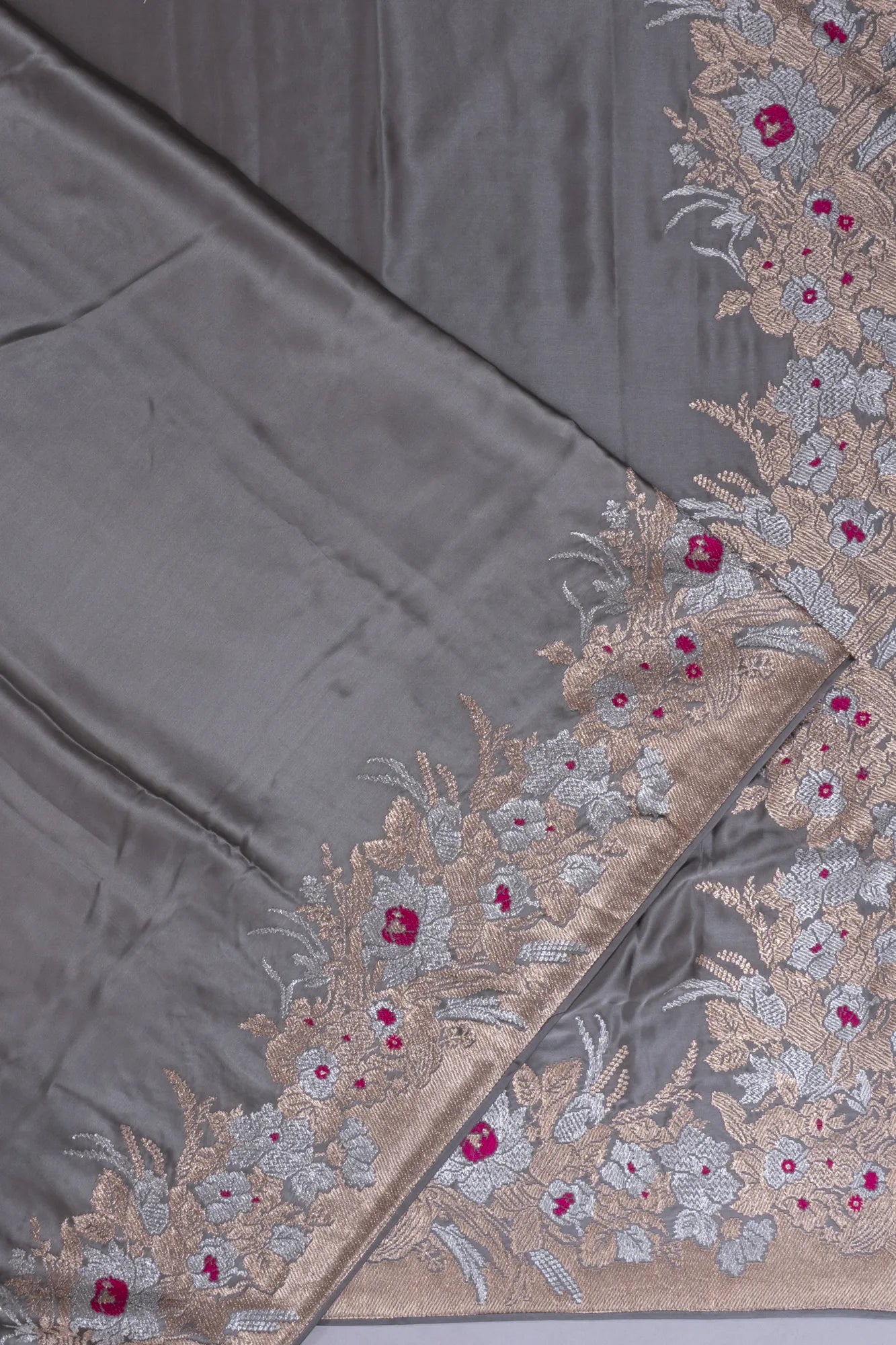 Banarasi Satin Plain Grey Saree With Embroidery Blouse