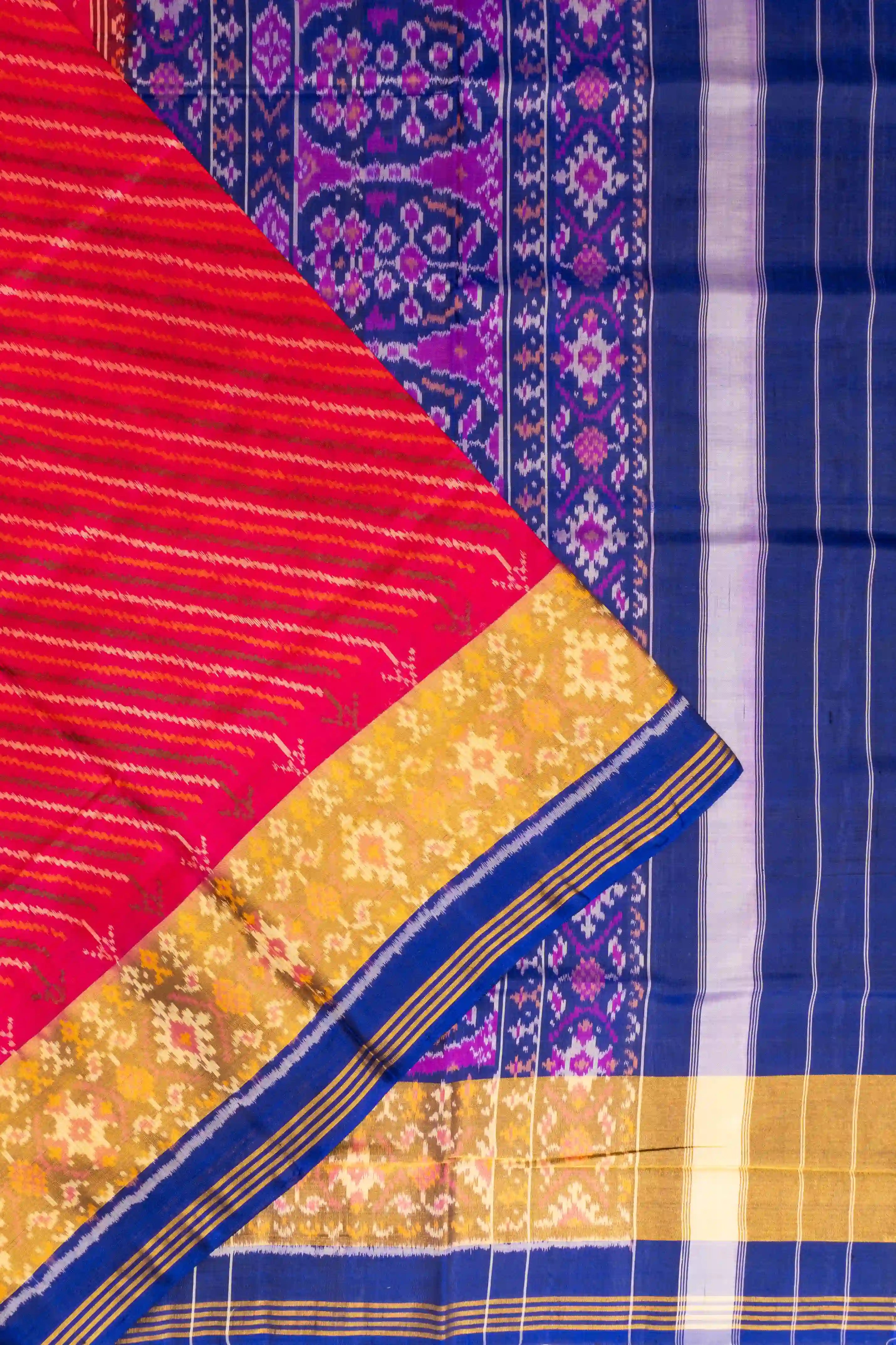 Rajkot Patola Silk Ikat Diagonal Lines Rani Pink Saree