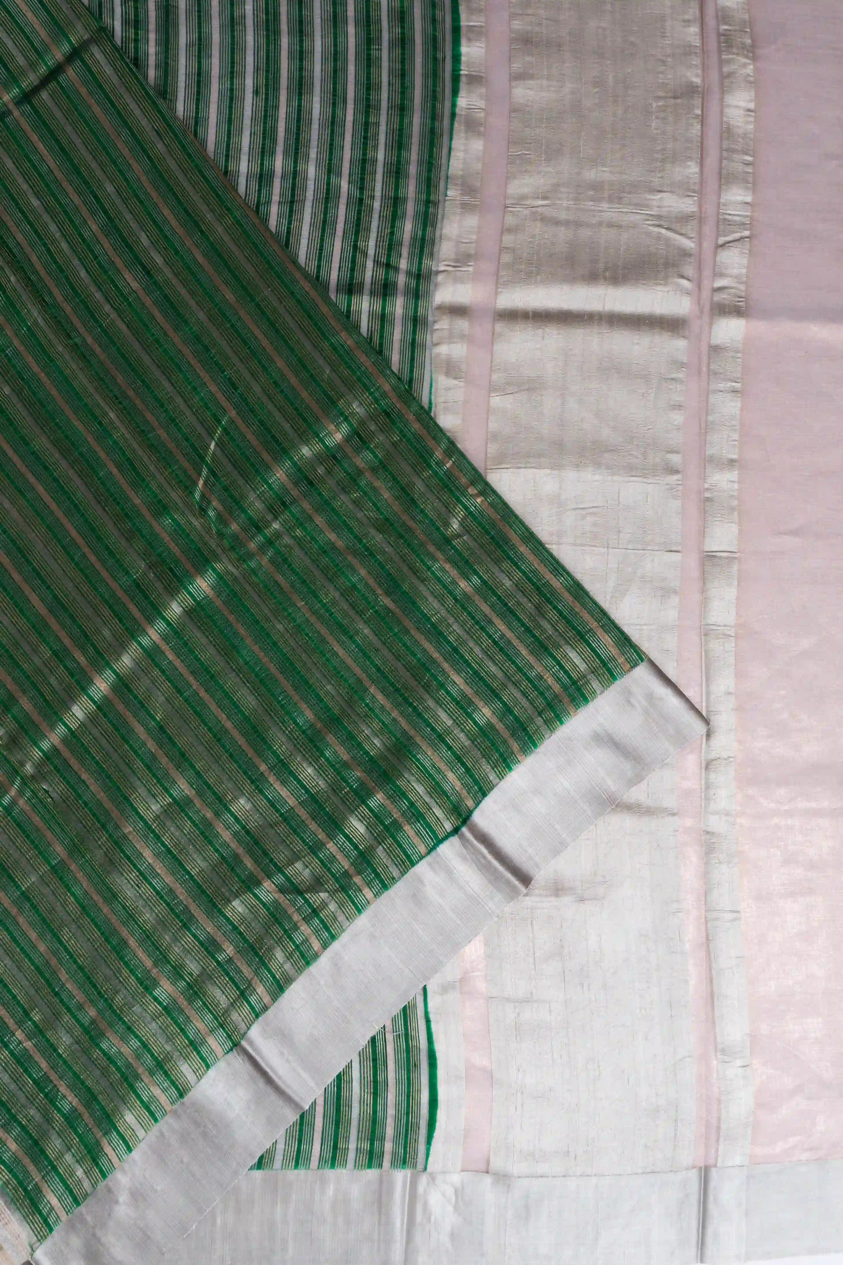 Tussar Vertical Lines Bottle Green Saree